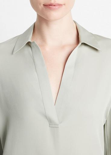 Stretch-Silk Long-Sleeve Polo Blouse image number 1