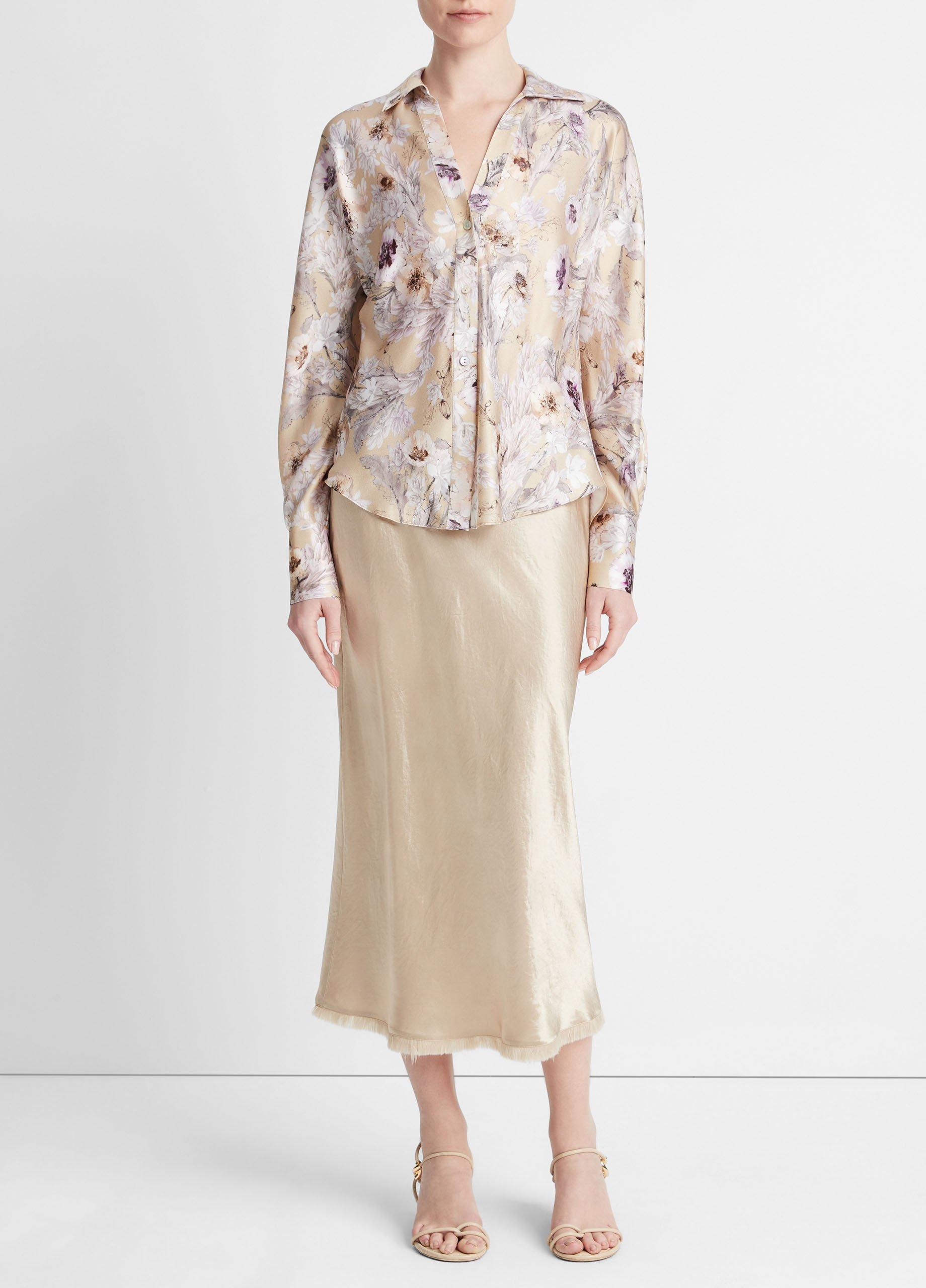 빈스 Vince Wild Flower Silk Bias Long-Sleeve Blouse,SAND