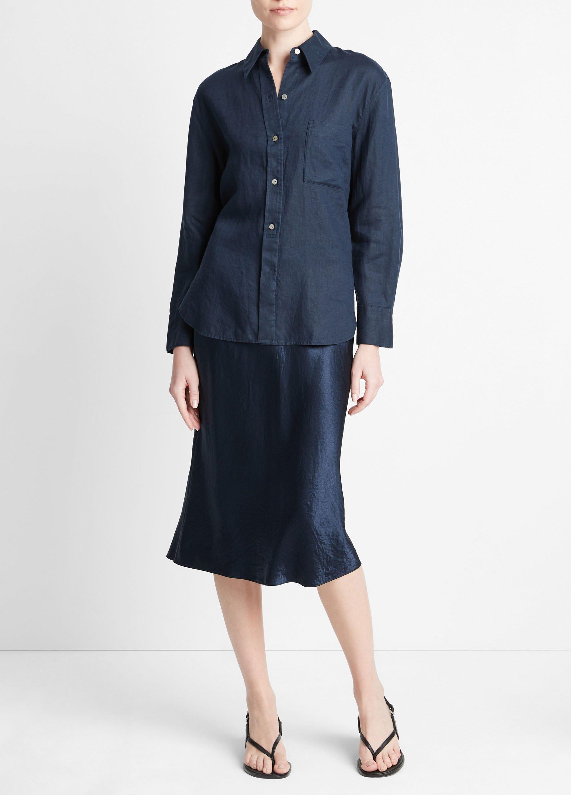 빈스 Vince Linen Easy Button-Front Shirt,COASTAL BLUE