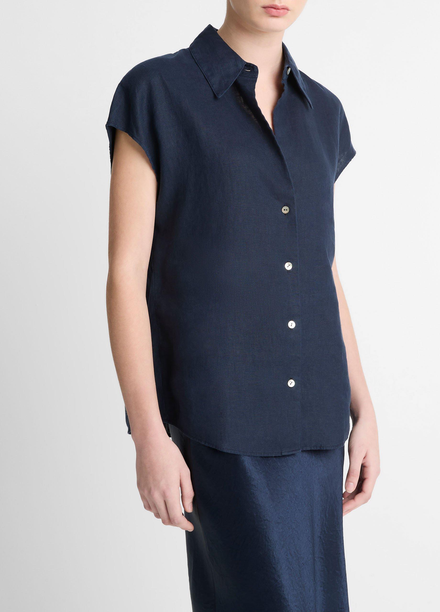 (取寄) ヴィンス レディース キャップ スリーブ ボタン ダウン ブラウザ Vince women Cap Sleeve Button Down Blouse Sky Mist Vince - Blue Linen Cap Sleeve Button Down Blouse