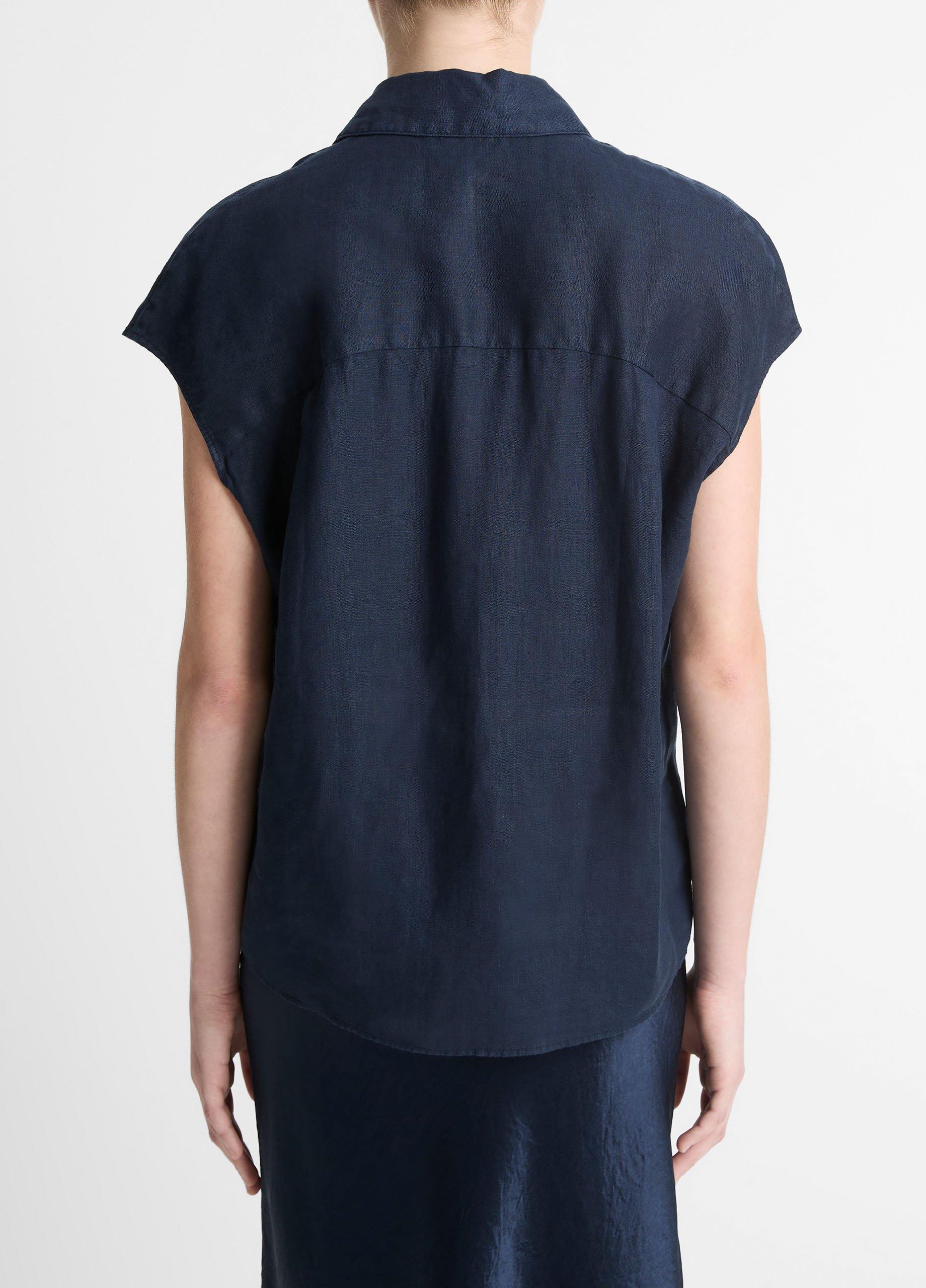 Linen Cap-Sleeve Button-Front Blouse in Short Sleeve | Vince