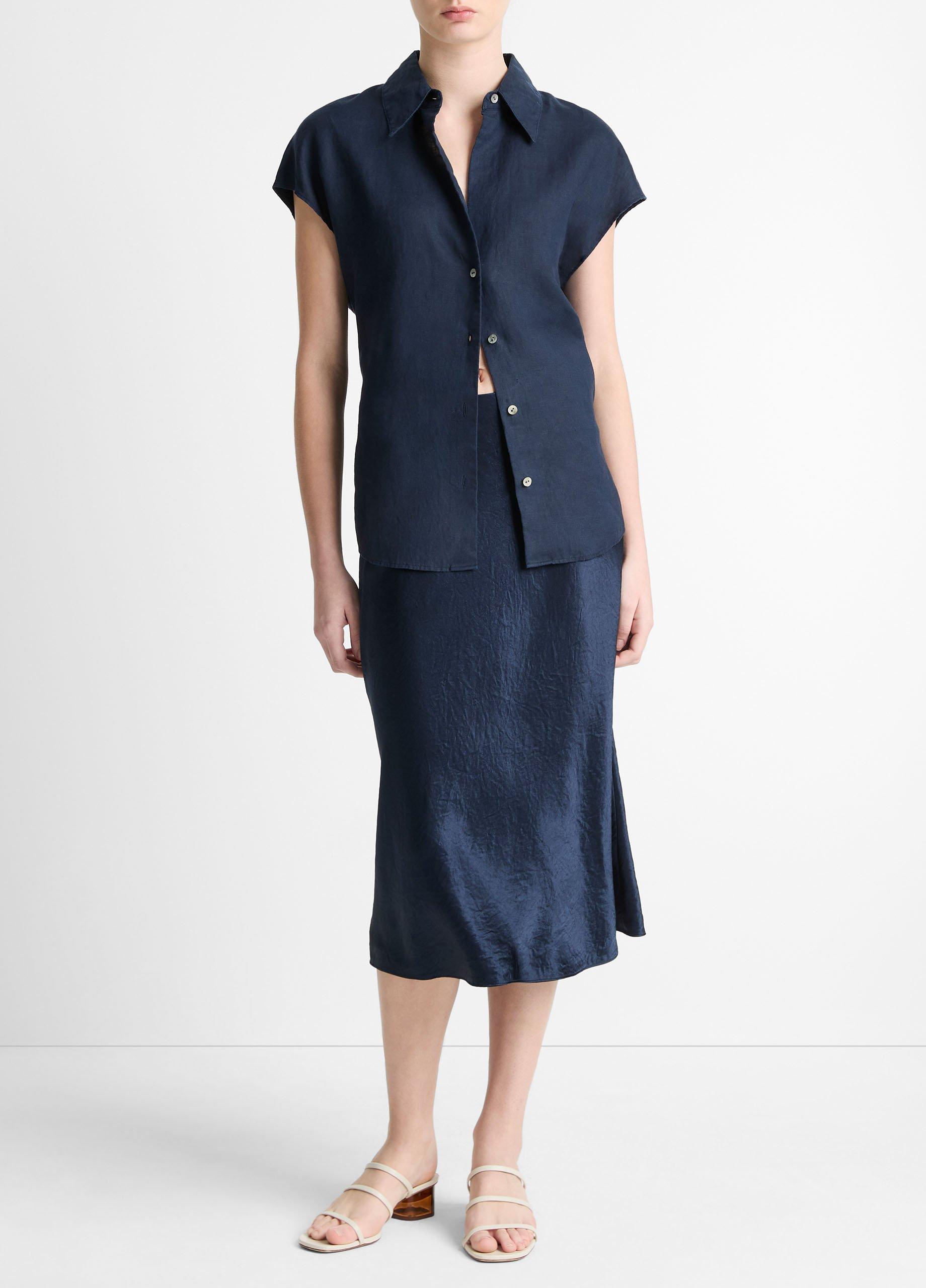 (取寄) ヴィンス レディース キャップ スリーブ ボタン ダウン ブラウザ Vince women Cap Sleeve Button Down Blouse Coastal Blue Vince - Coastal Blue Silk Blouse | Mitchell Stores