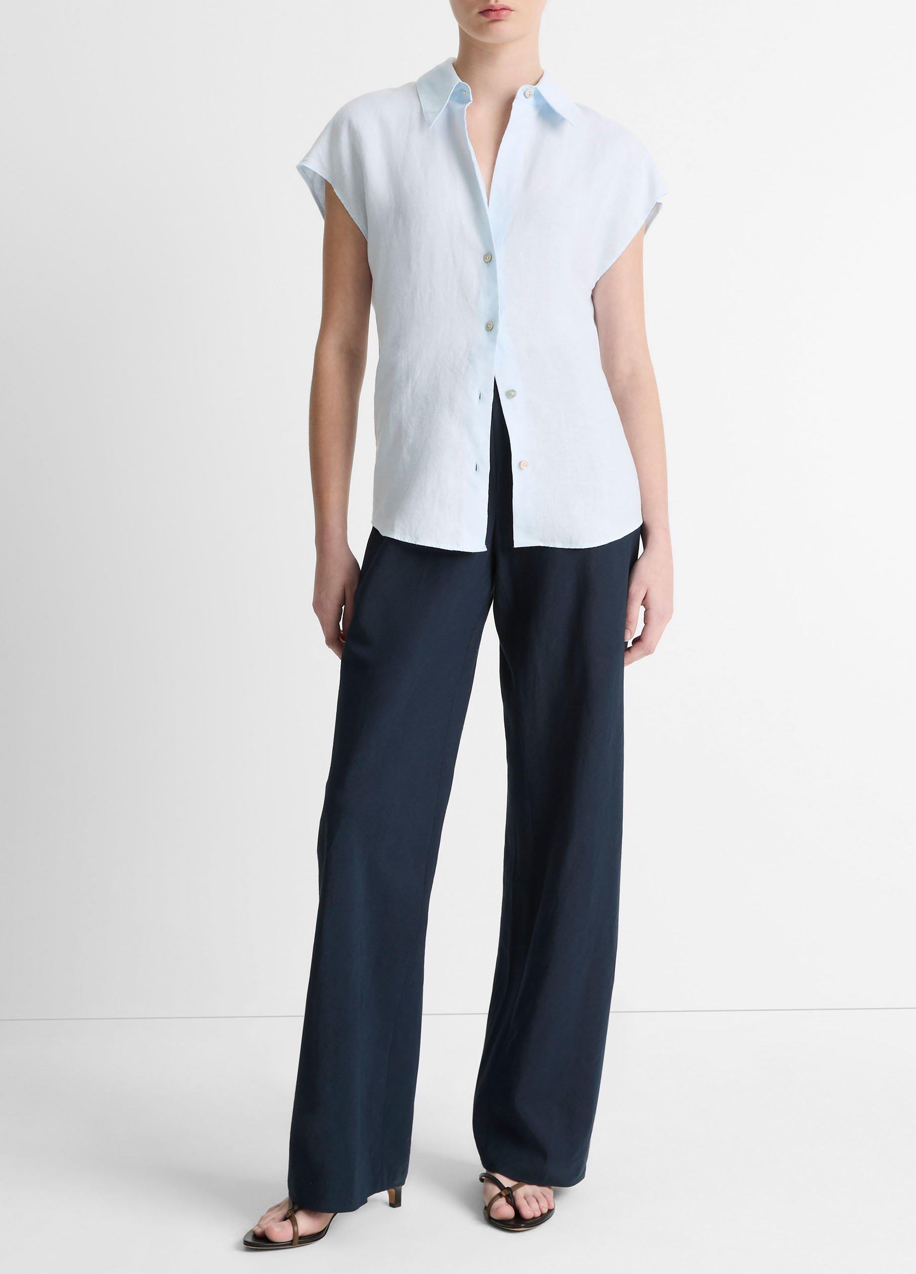 Linen Cap-Sleeve Button-Front Blouse image number 3