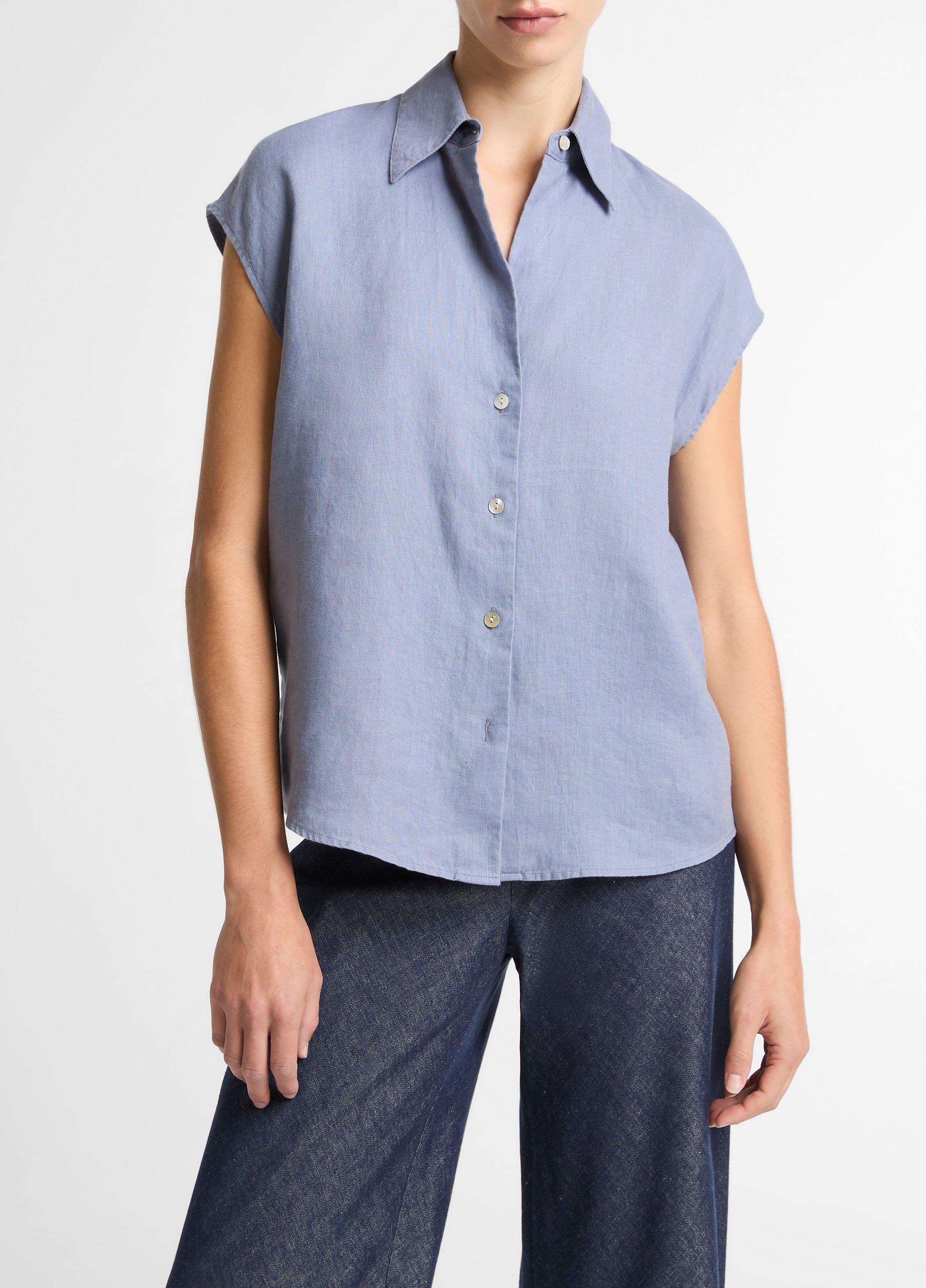 Linen Cap-Sleeve Button-Front Blouse