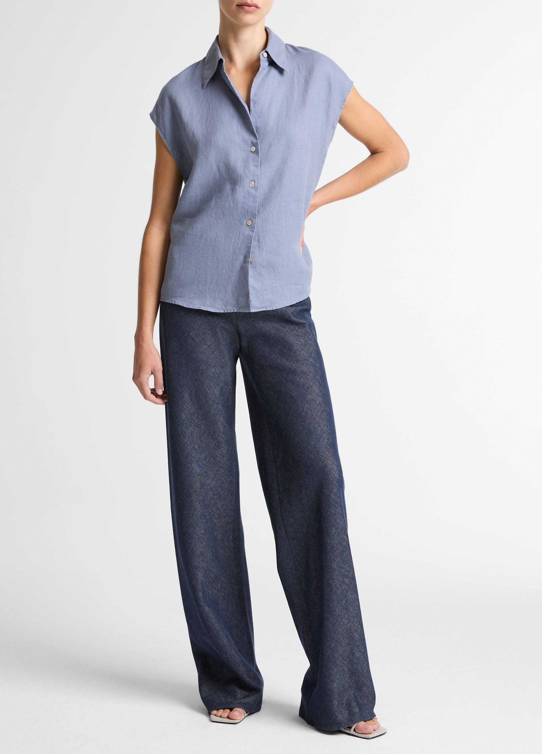 Linen Cap-Sleeve Button-Front Blouse image number 3