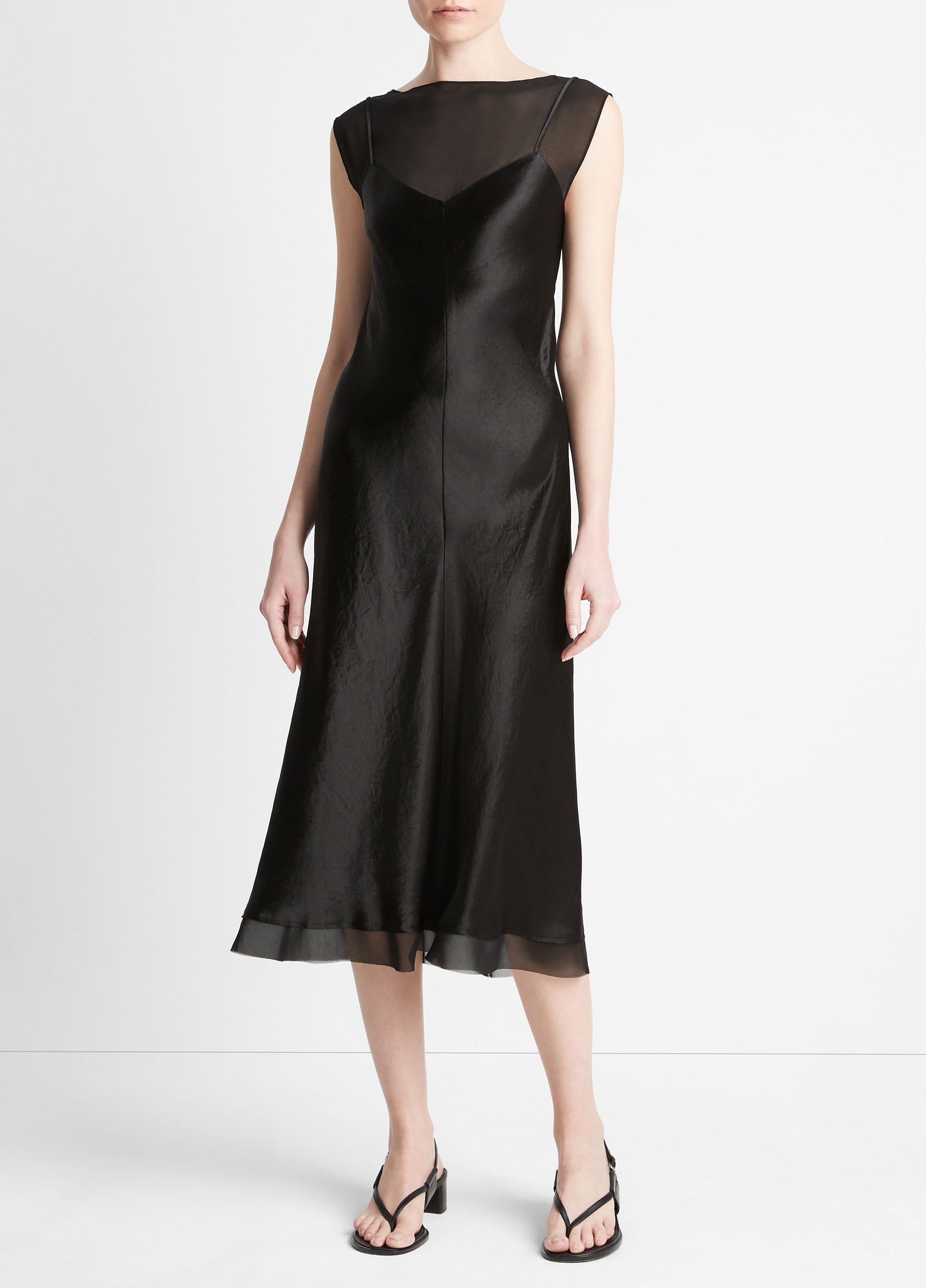 빈스 Vince Chiffon-Layered Satin Slip Dress,BLACK