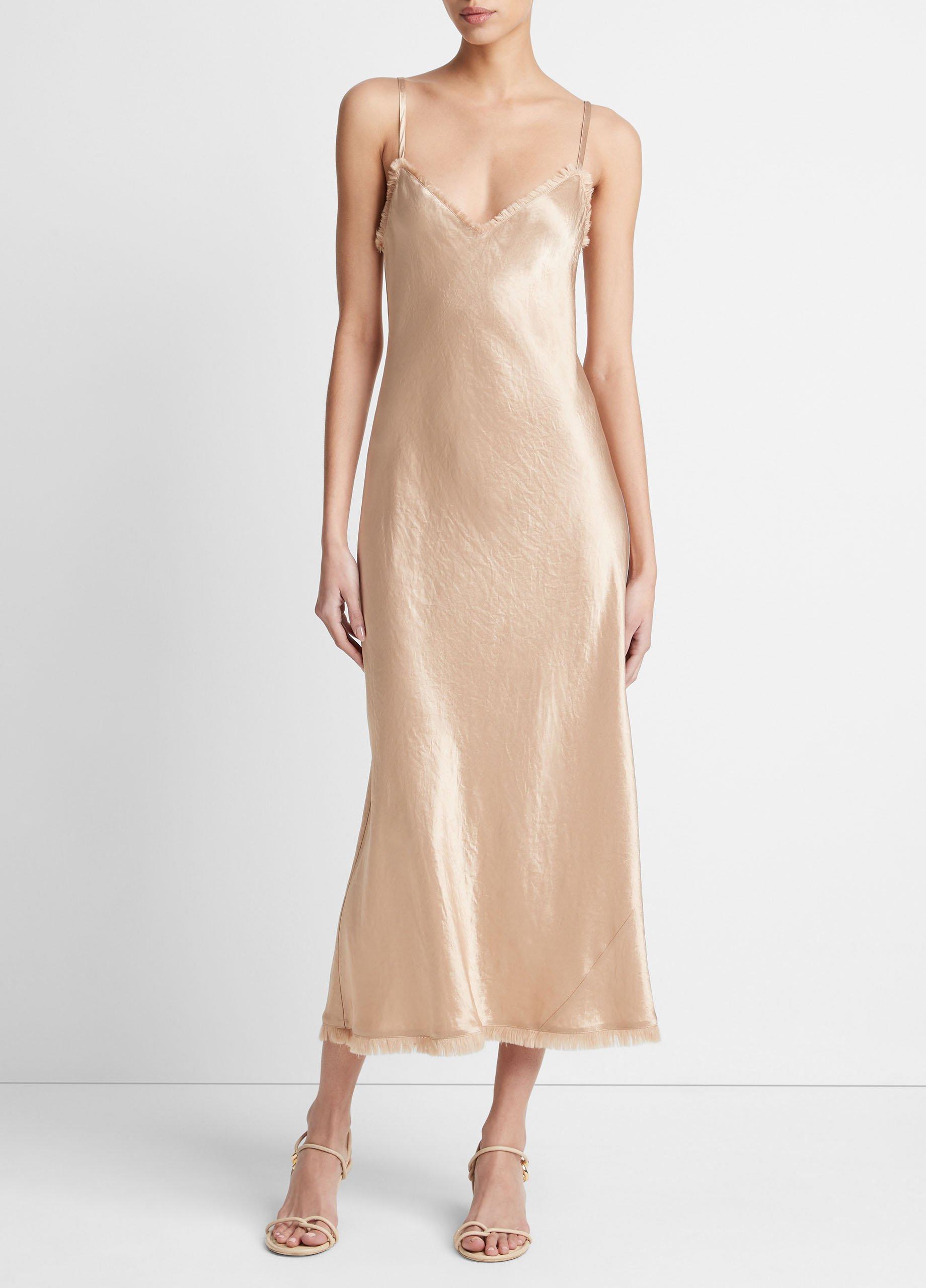 빈스 Vince Satin Frayed-Edge Bias Camisole Dress,PALE NUT