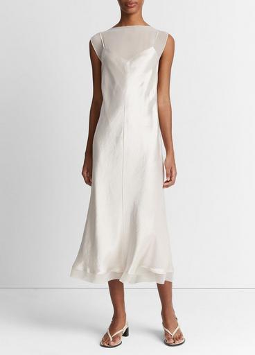 Chiffon-Layered Satin Slip Dress in Dresses