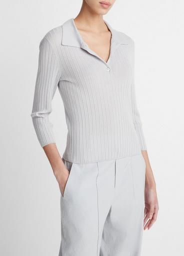 Ribbed Wool Three-Quarter-Sleeve Polo Sweater image number 2