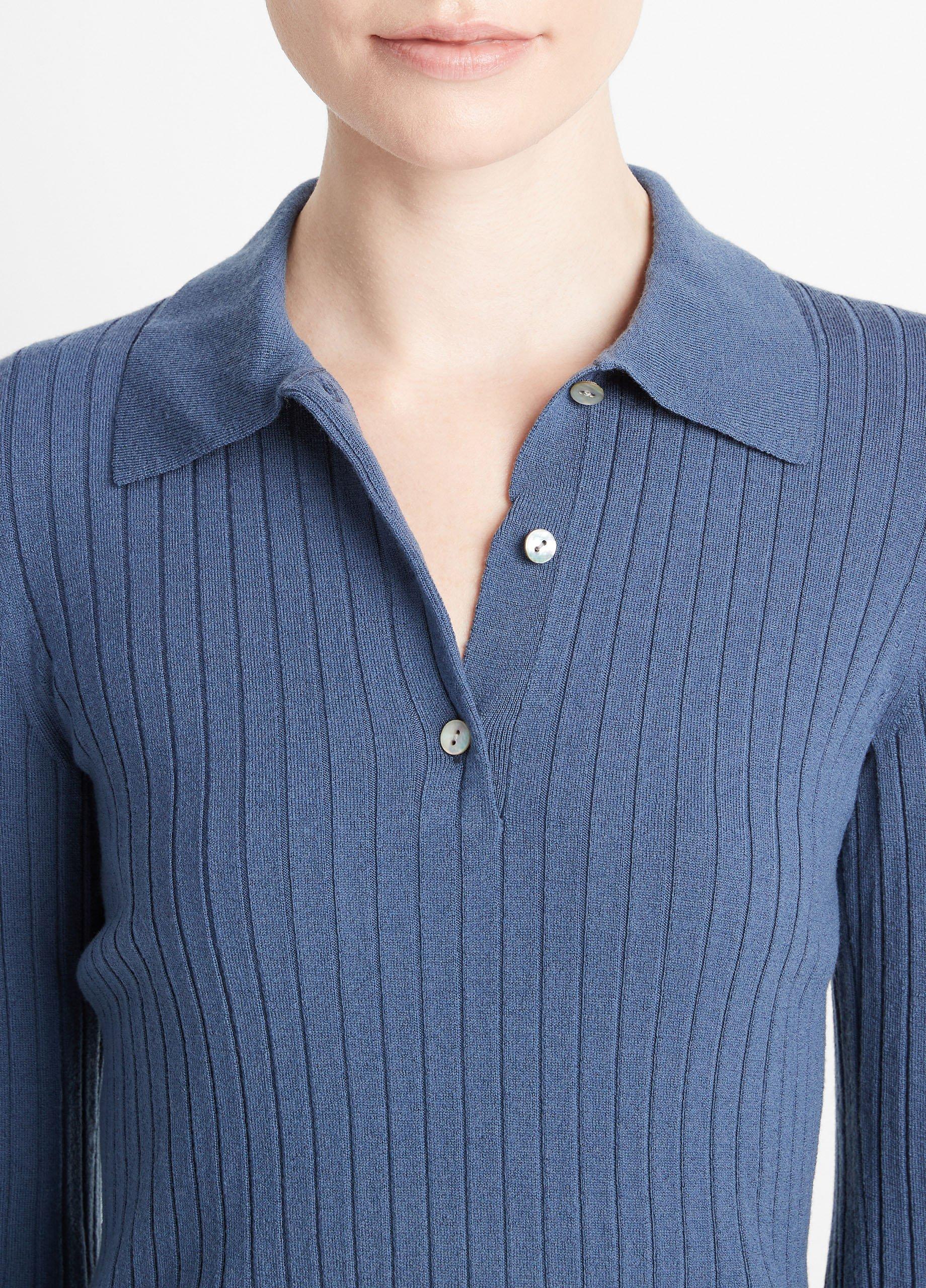 Ribbed Wool Three-Quarter-Sleeve Polo Sweater in Sweaters