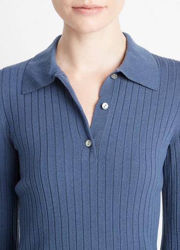 Ribbed Wool Three-Quarter-Sleeve Polo Sweater image number 1