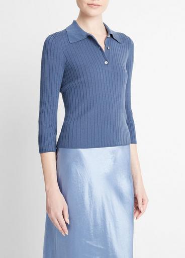 Ribbed Wool Three-Quarter-Sleeve Polo Sweater image number 2