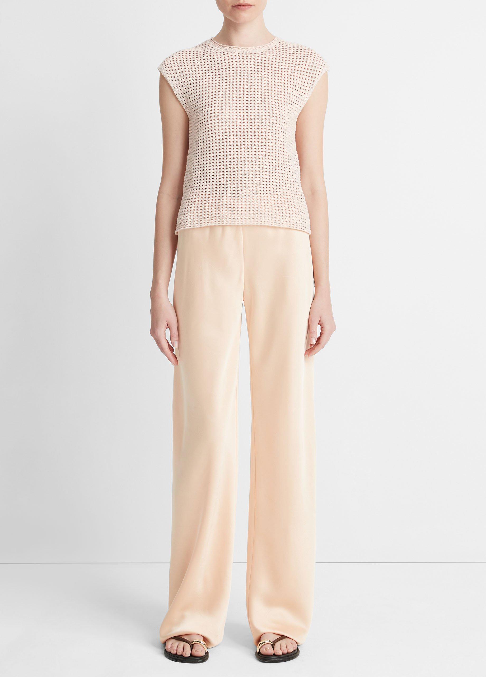 Mesh-Stitch Cap-Sleeve Crew Neck Sweater image number 0