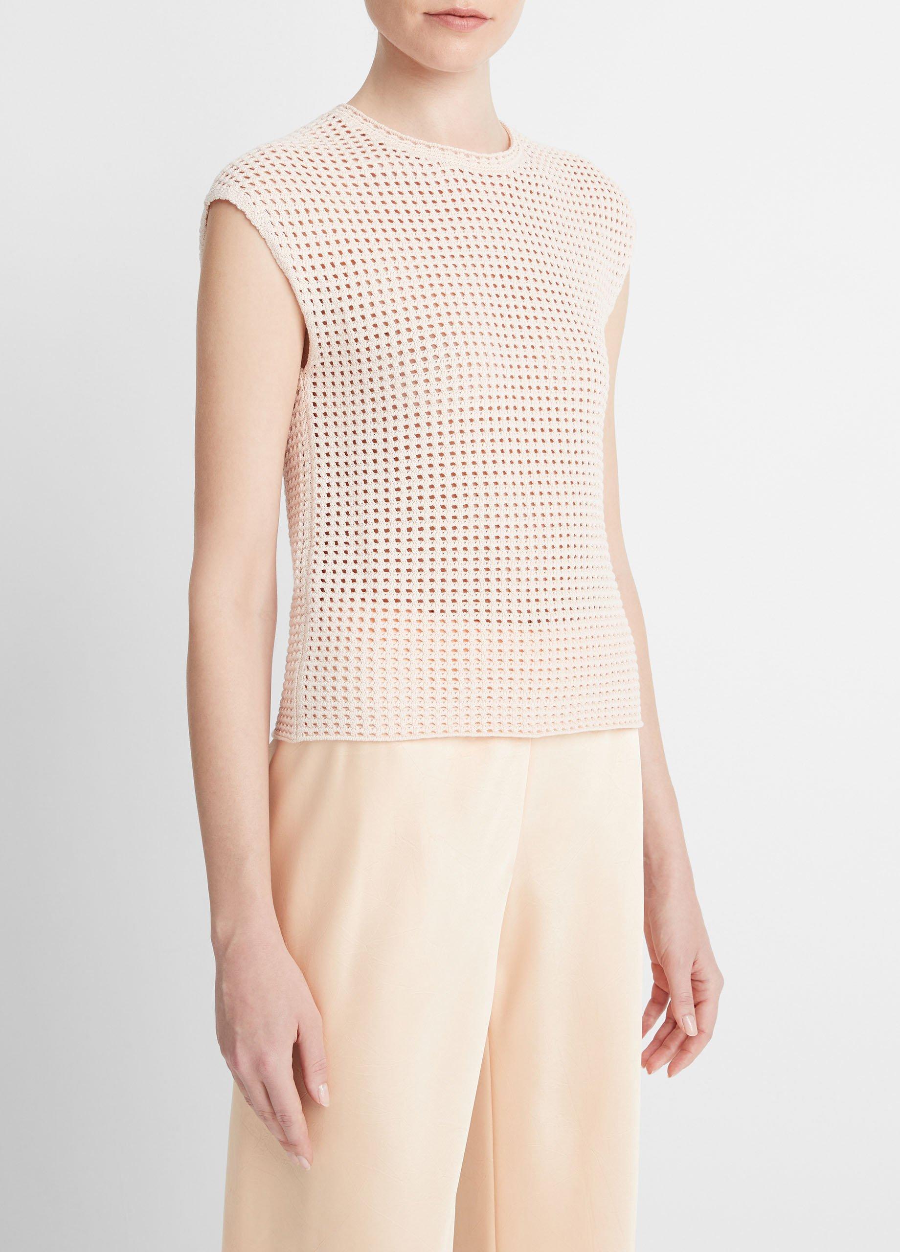 Mesh-Stitch Cap-Sleeve Crew Neck Sweater in Sweaters | Vince 