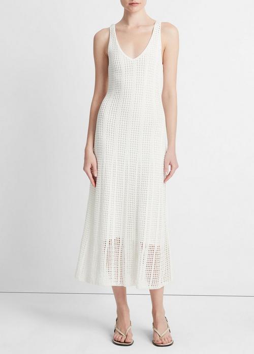 빈스 Vince Cotton Mesh-Grid Godet Dress,OFF WHITE