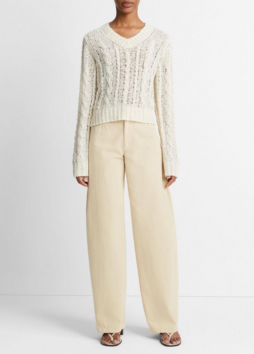 Textured Cable V-Neck Sweater, Cream, Size XXS Vince