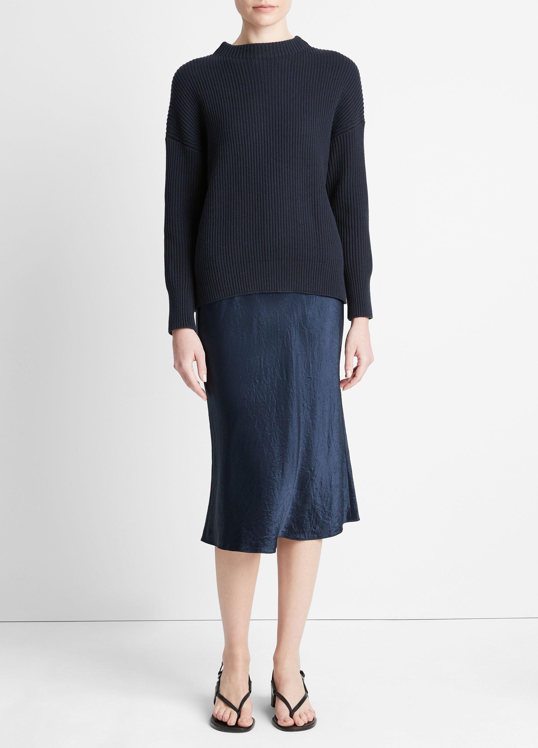 빈스 Vince Ribbed Cotton-Cashmere Funnel Neck Sweater,NAVY