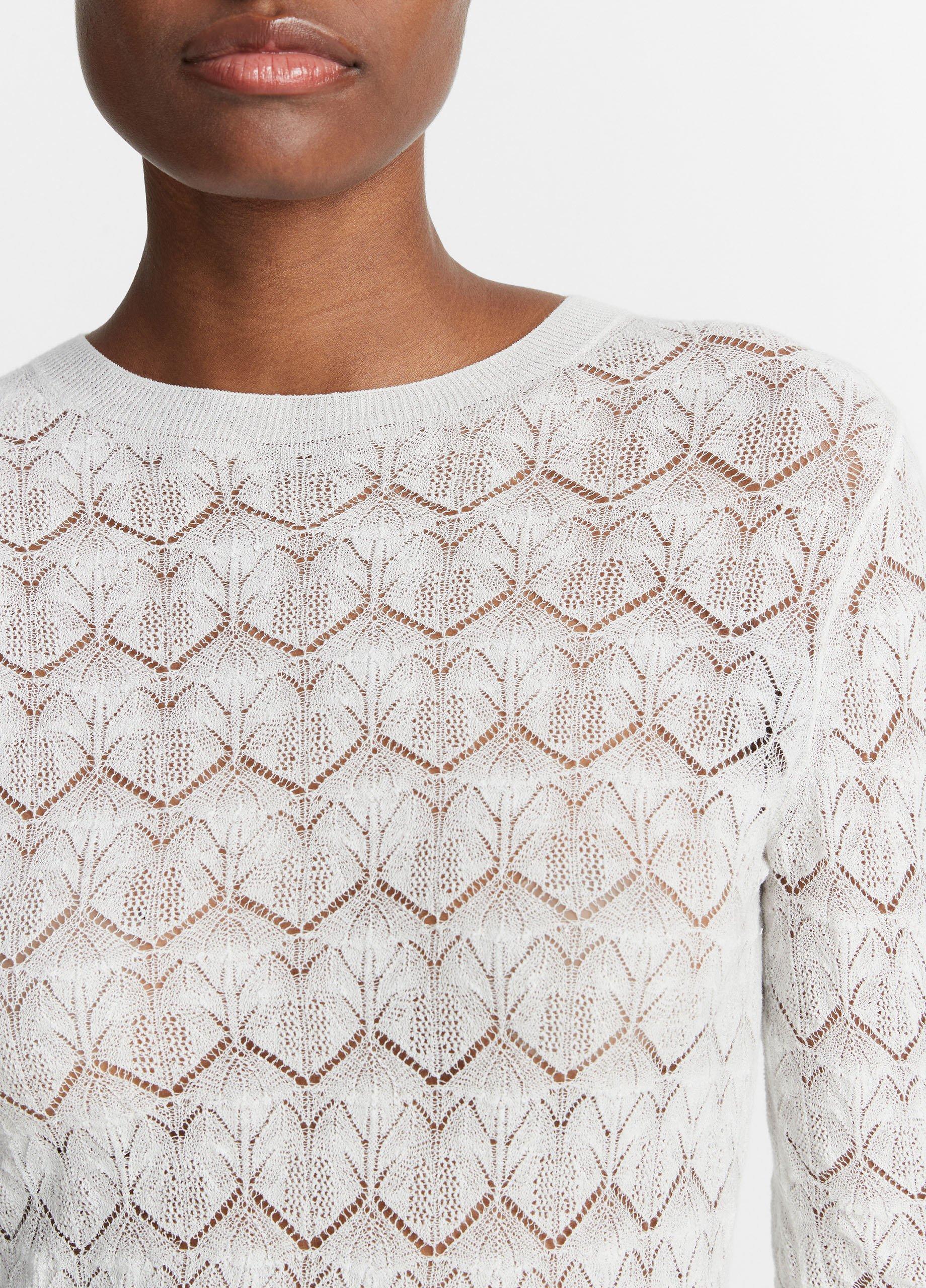 Fine Lace Cotton Three-Quarter-Sleeve Crew Neck Sweater image number 1