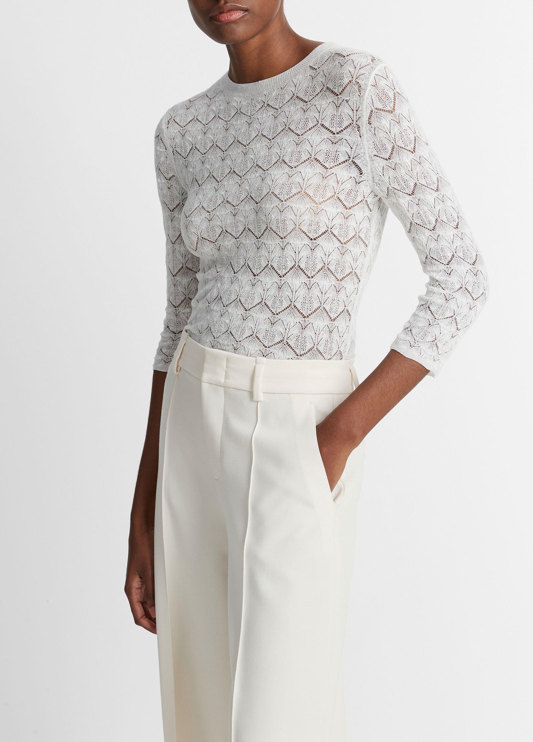 Fine Lace Cotton Three-Quarter-Sleeve Crew Neck Sweater image number 2