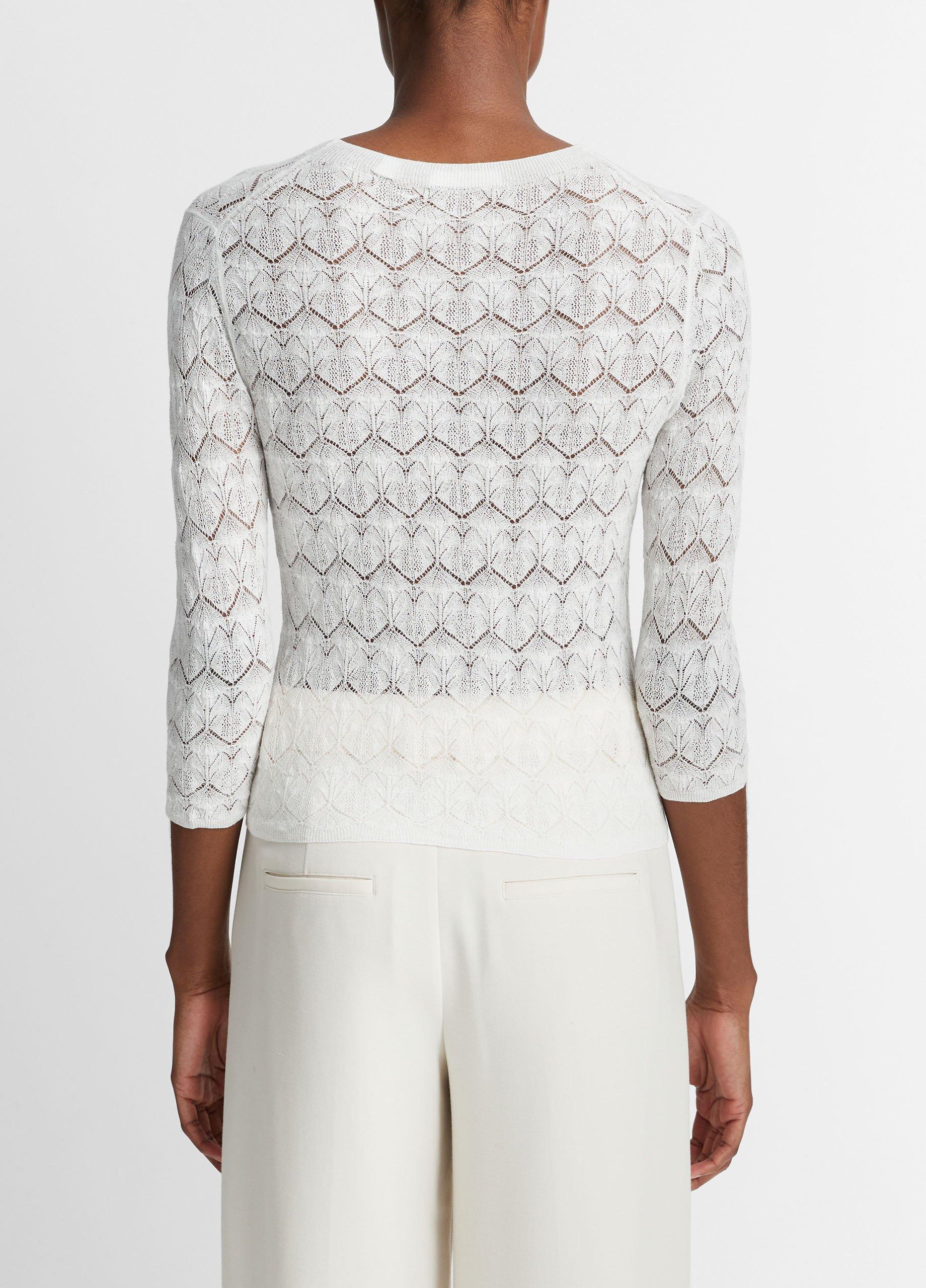 Fine Lace Cotton Three-Quarter-Sleeve Crew Neck Sweater image number 3