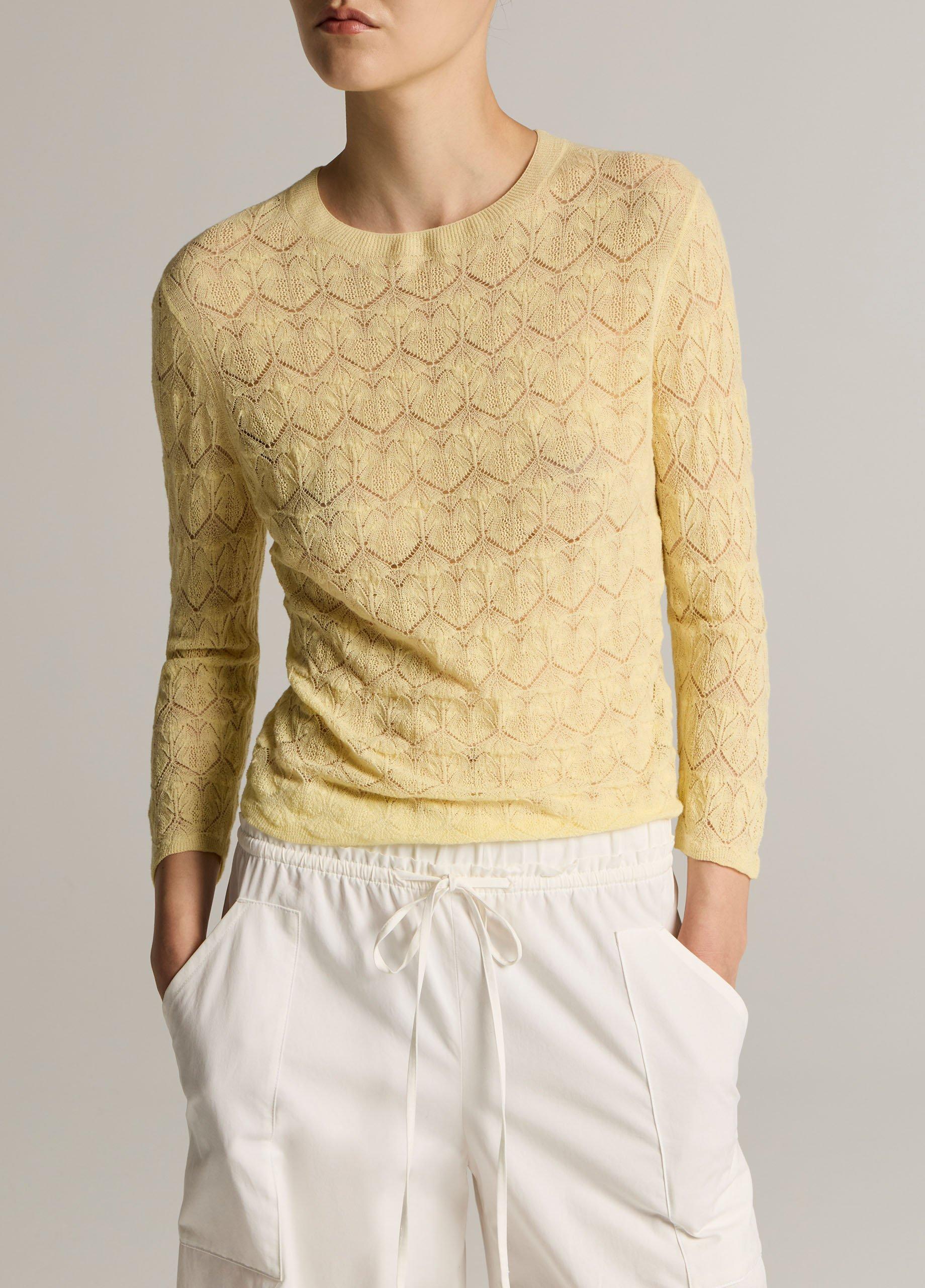 Fine Lace Cotton Three-Quarter-Sleeve Crew Neck Sweater image number 0