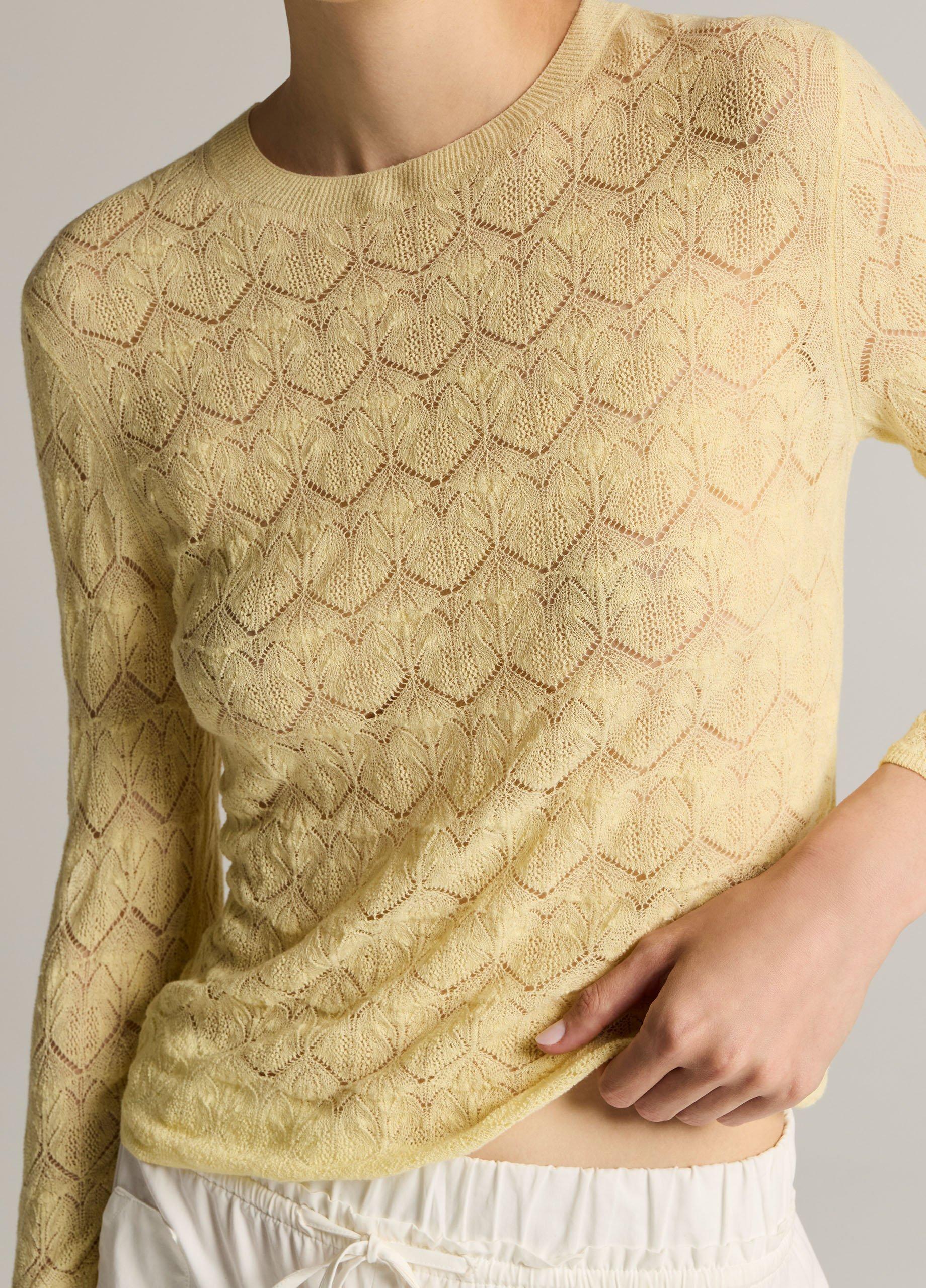 Fine Lace Cotton Three-Quarter-Sleeve Crew Neck Sweater image number 1