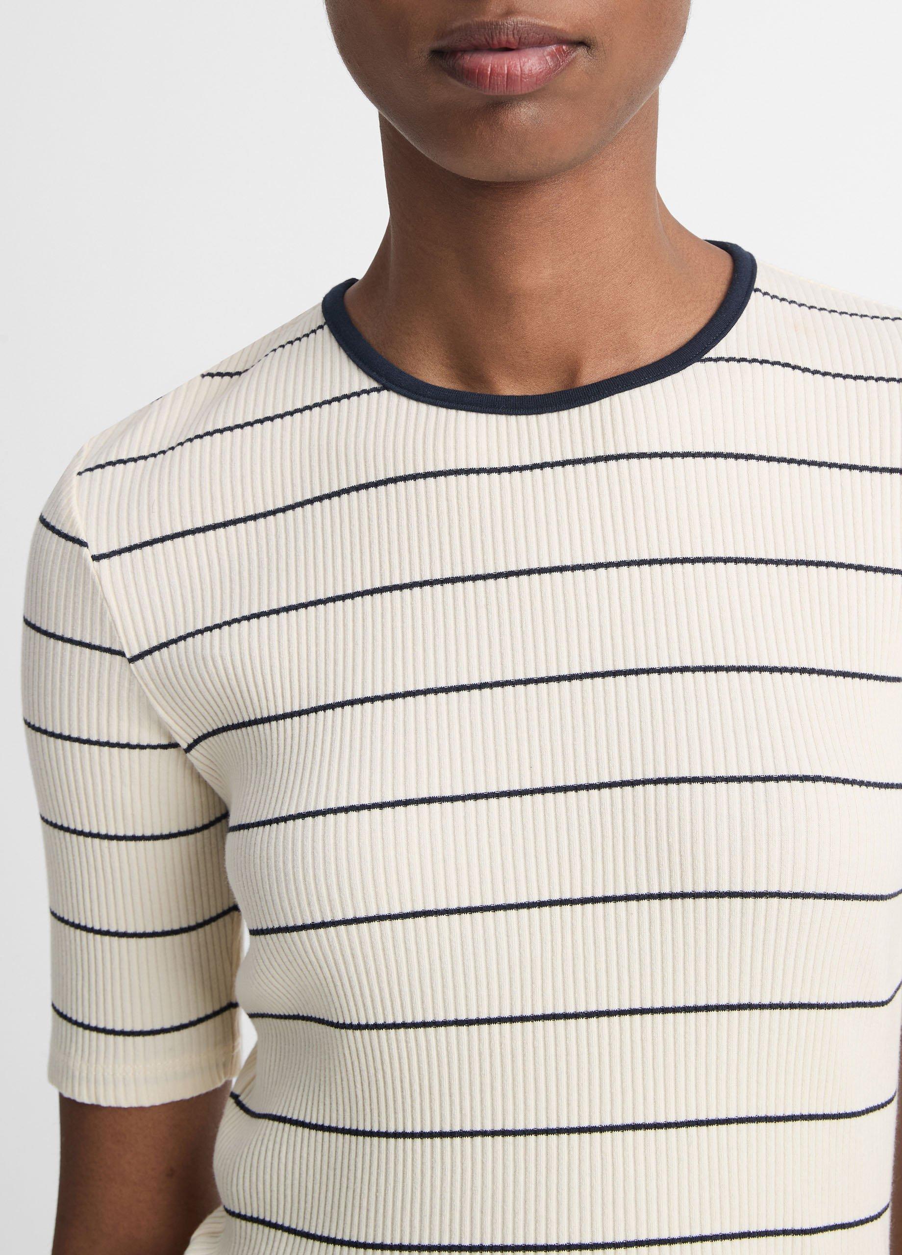 (取寄) ヴィンス レディース ストライプド エルボー スリーブ クルー Vince women Striped Elbow Sleeve Crew Herbaria Combo Vince Womens Rib Stripe Elbow Sleeve Crew, FLAXEN/DEEP Lake