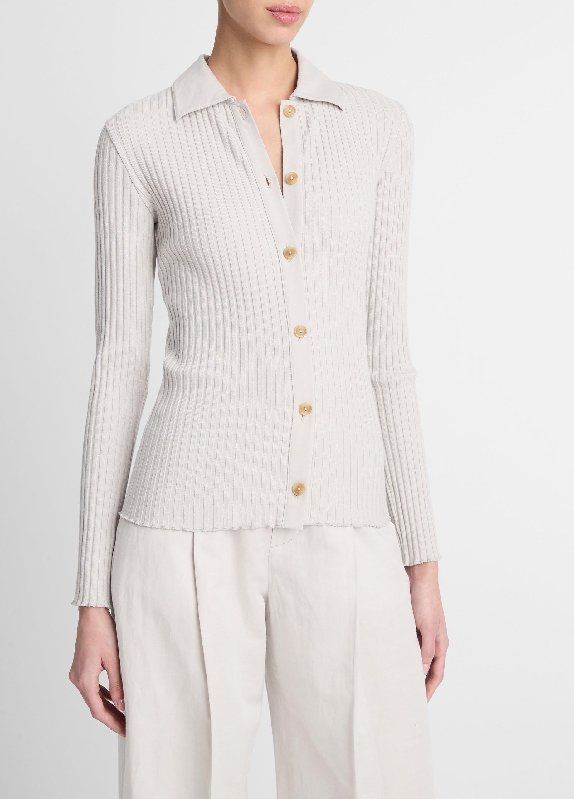 Ribbed Cotton-Blend Button-Front Polo Top in Long Sleeve | Vince