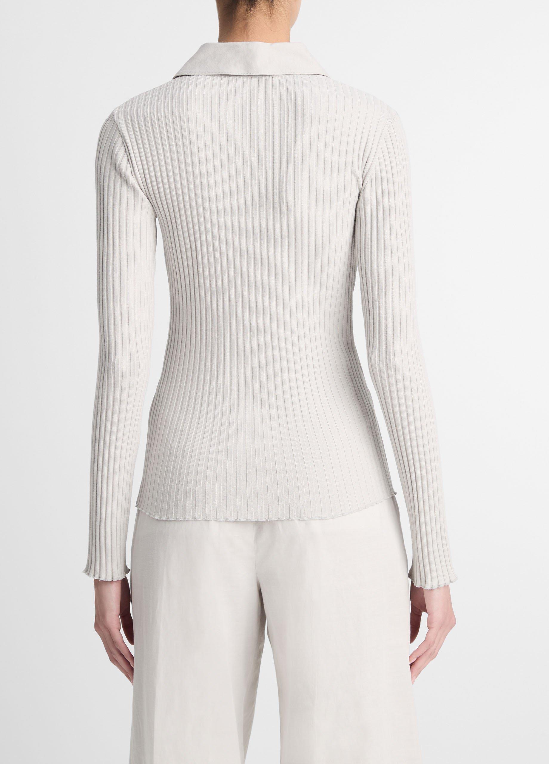 Ribbed Cotton-Blend Button-Front Polo Top in Long Sleeve | Vince