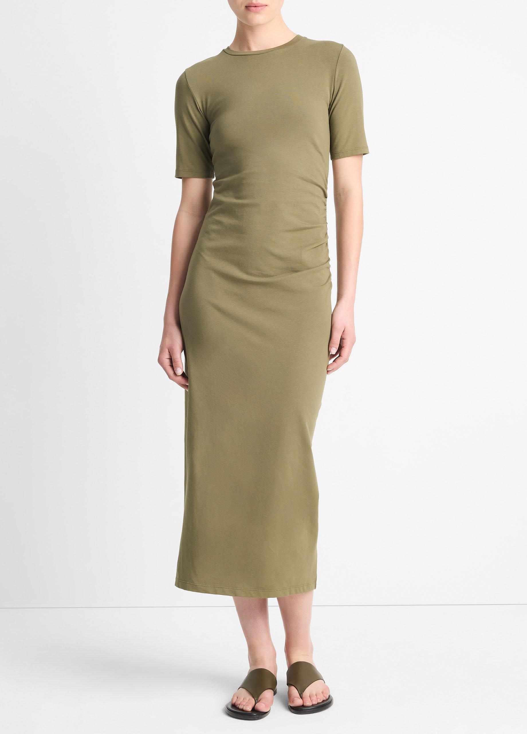 Pima Cotton Blend Side Drape Dress in Dresses Skirts Vince