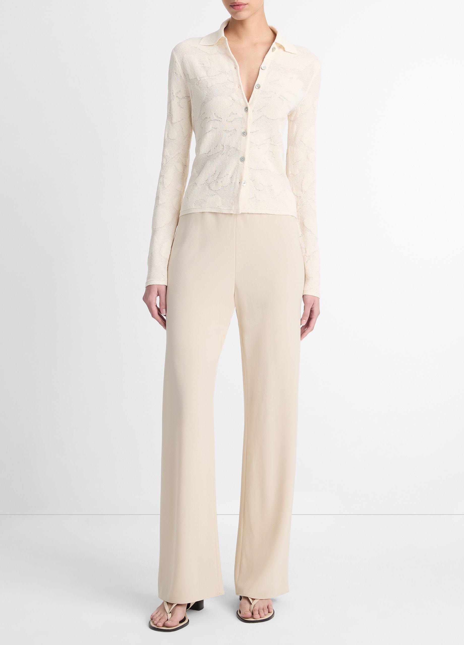 Italian Cotton-Blend Textured Floral Button-Up Shirt, Ivory, Size XL Vince