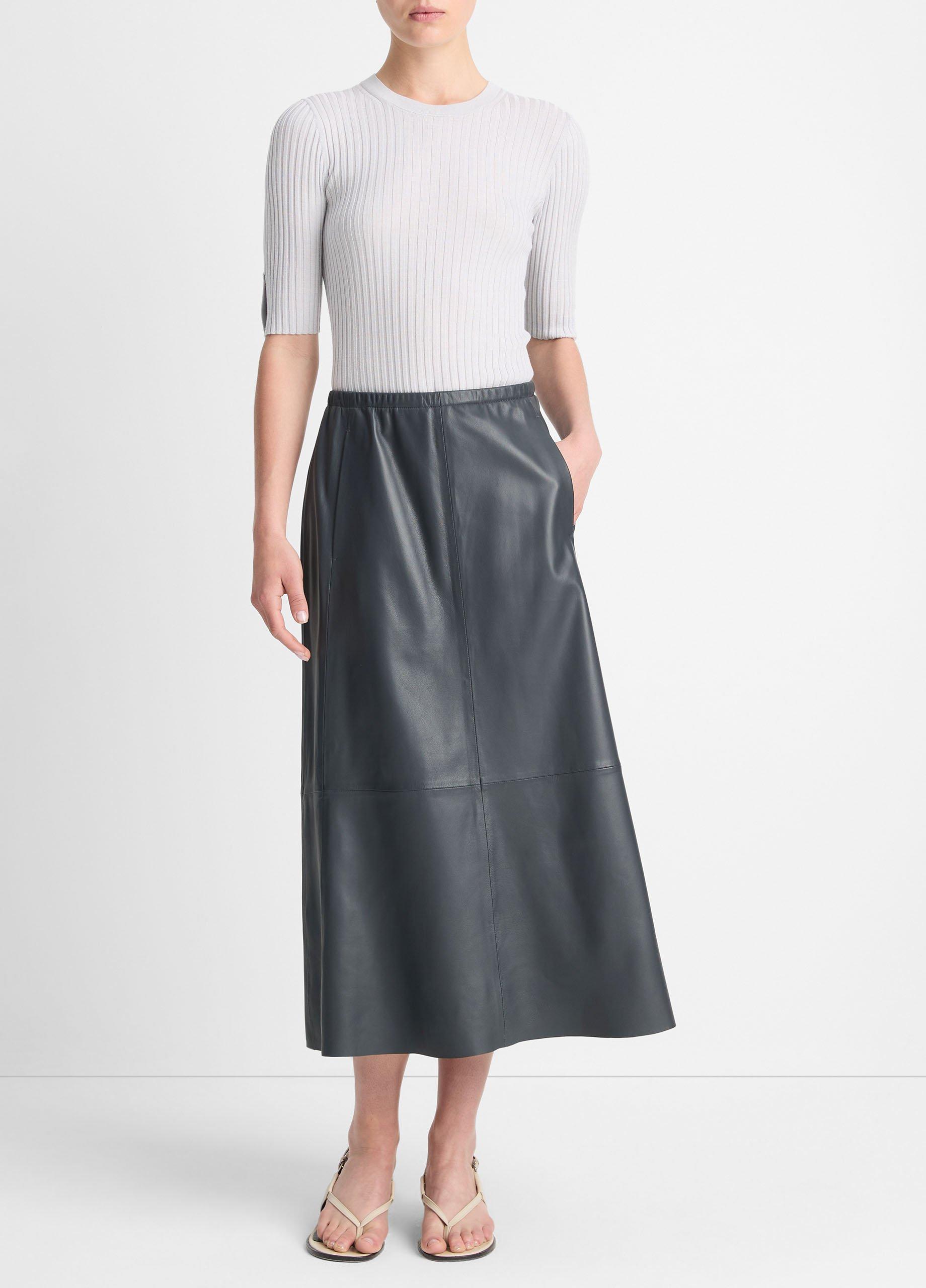 Gathered Leather Mid-Rise Skirt, Graphite, Size XS Vince