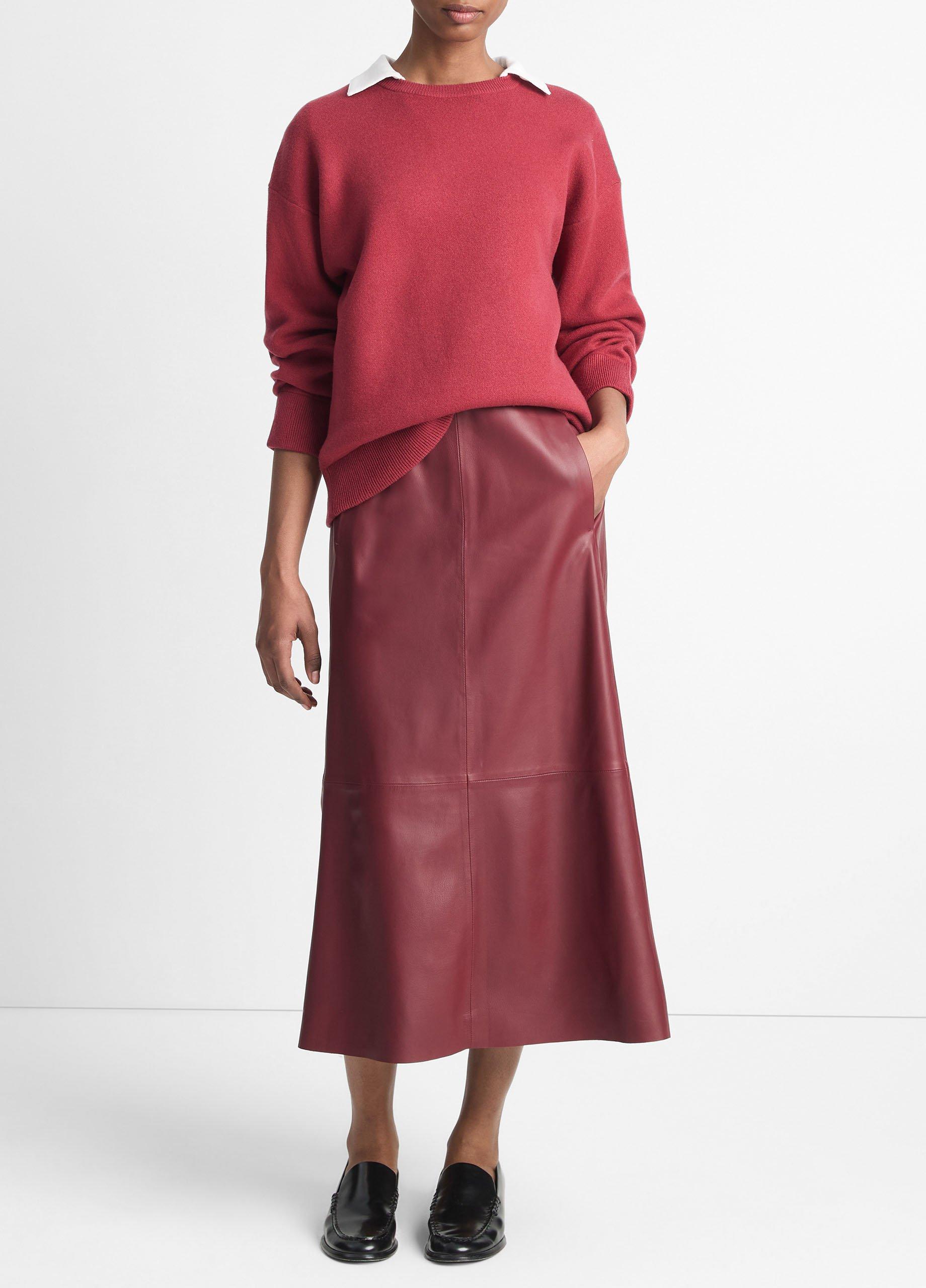 Gathered Leather Mid-Rise Skirt, Dark Rasberry, Size XL Vince