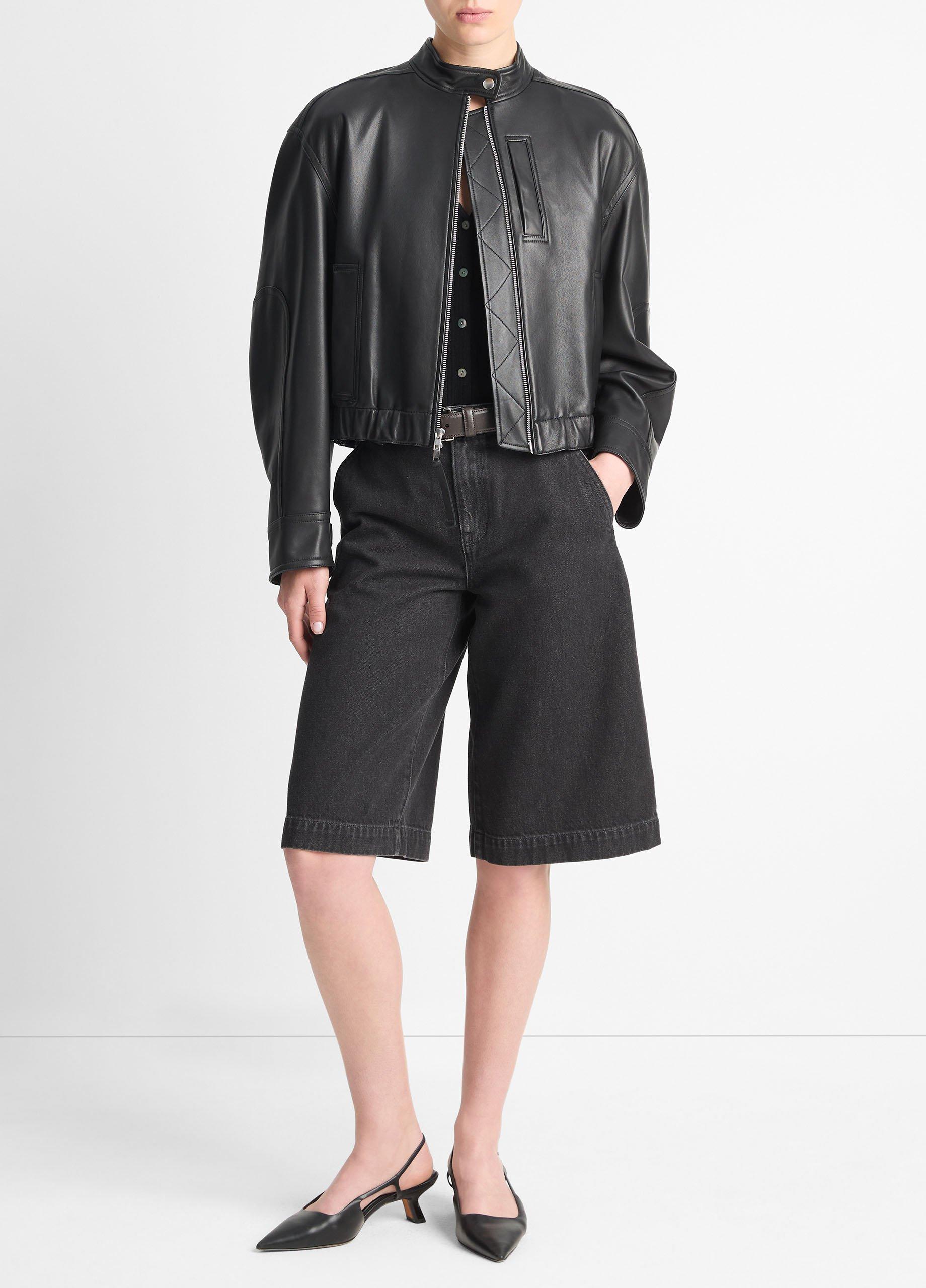 Leather Cropped Bomber Jacket, Black, Size XXS Vince