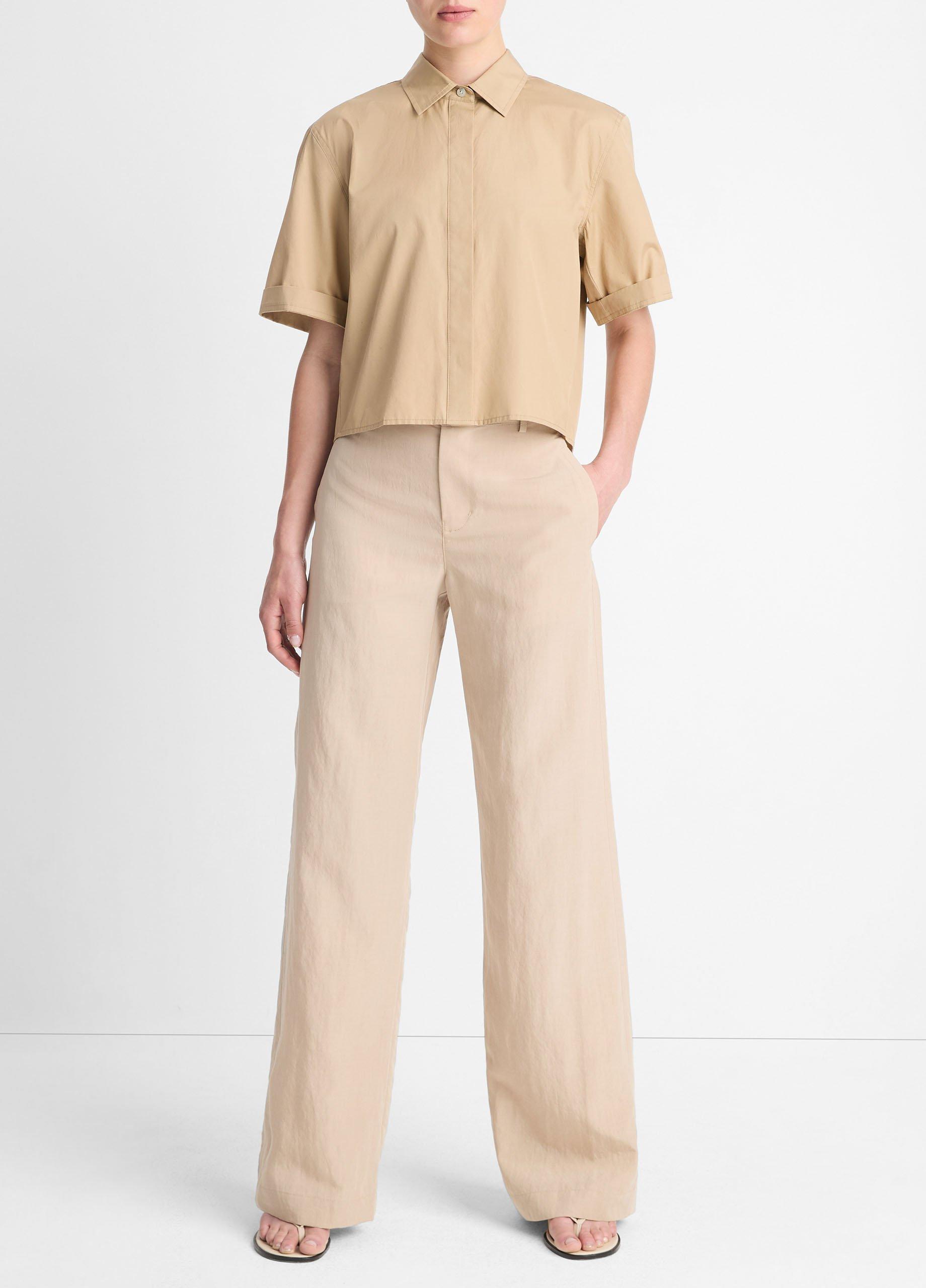 Cotton Short-Sleeve Cropped Shirt, Cliffside, Size XS Vince