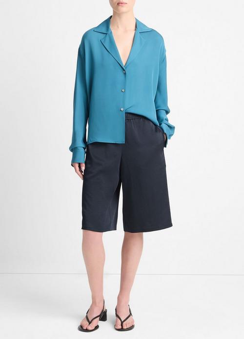 Silk Lapel-Collar Dolman-Sleeve Blouse