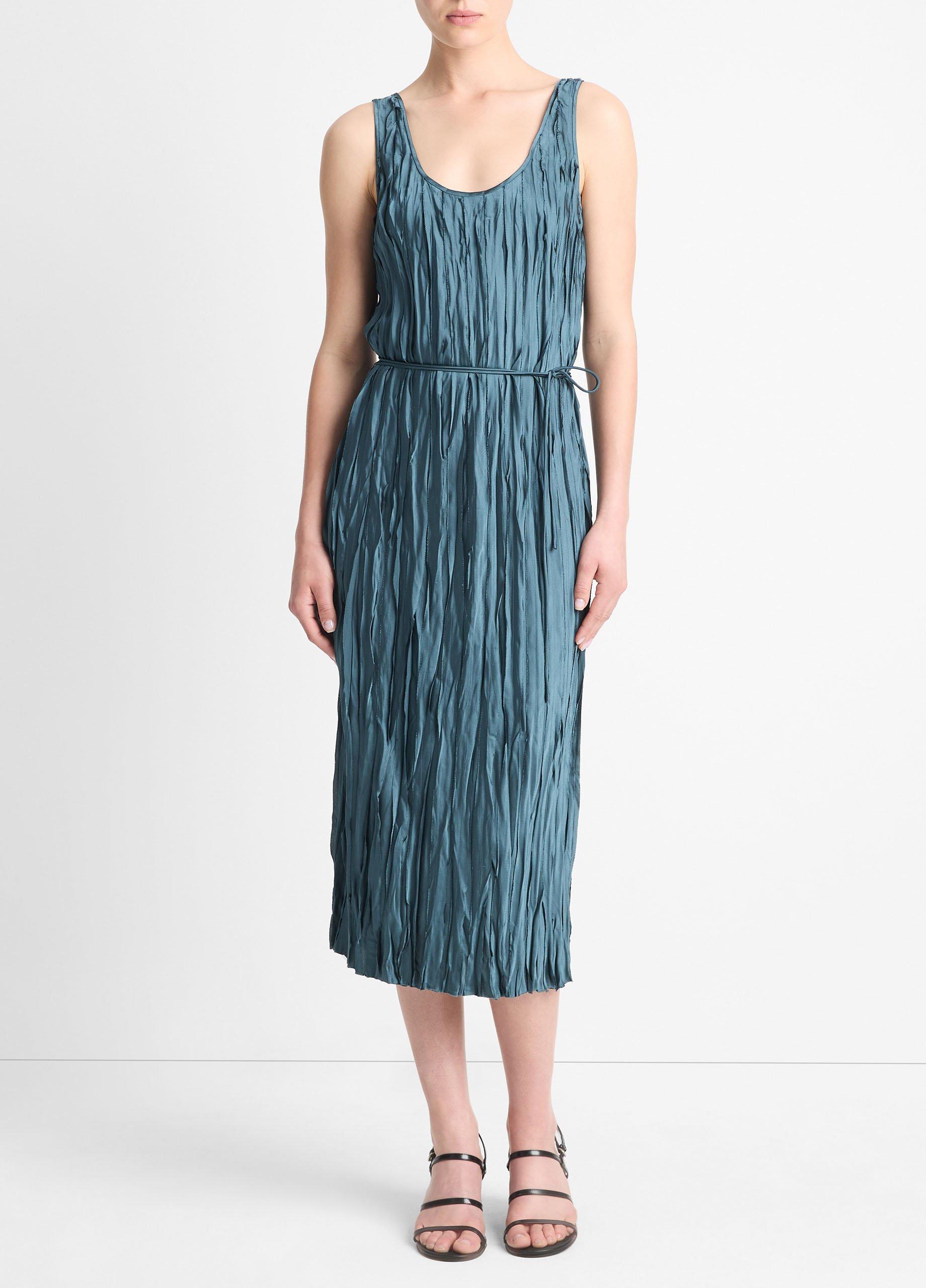 Crushed Satin Bias Tank Dress, Marine Stone, Size L Vince