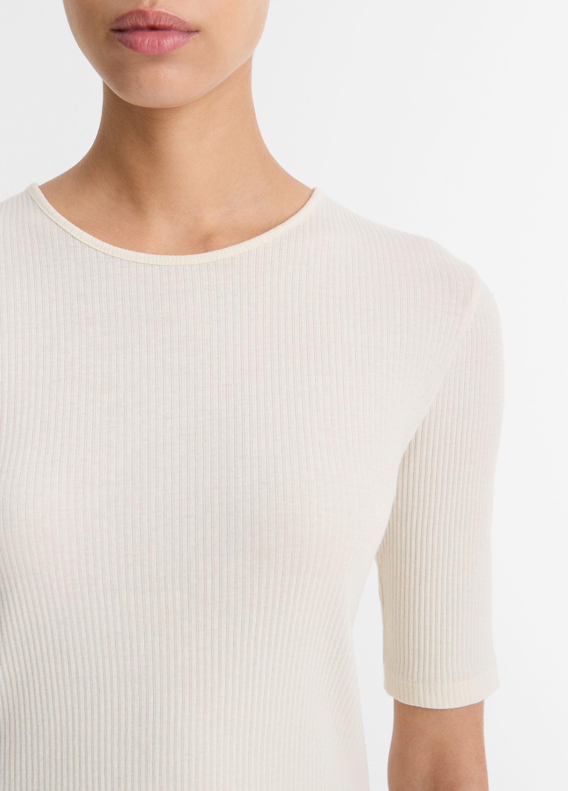 ヴィンス Vince Ribbed Elbow Sleeve Crew Tee レディース シャツ トップス Light White Sand Ribbed Cotton Elbow-Sleeve T-Shirt in Vince Products Women