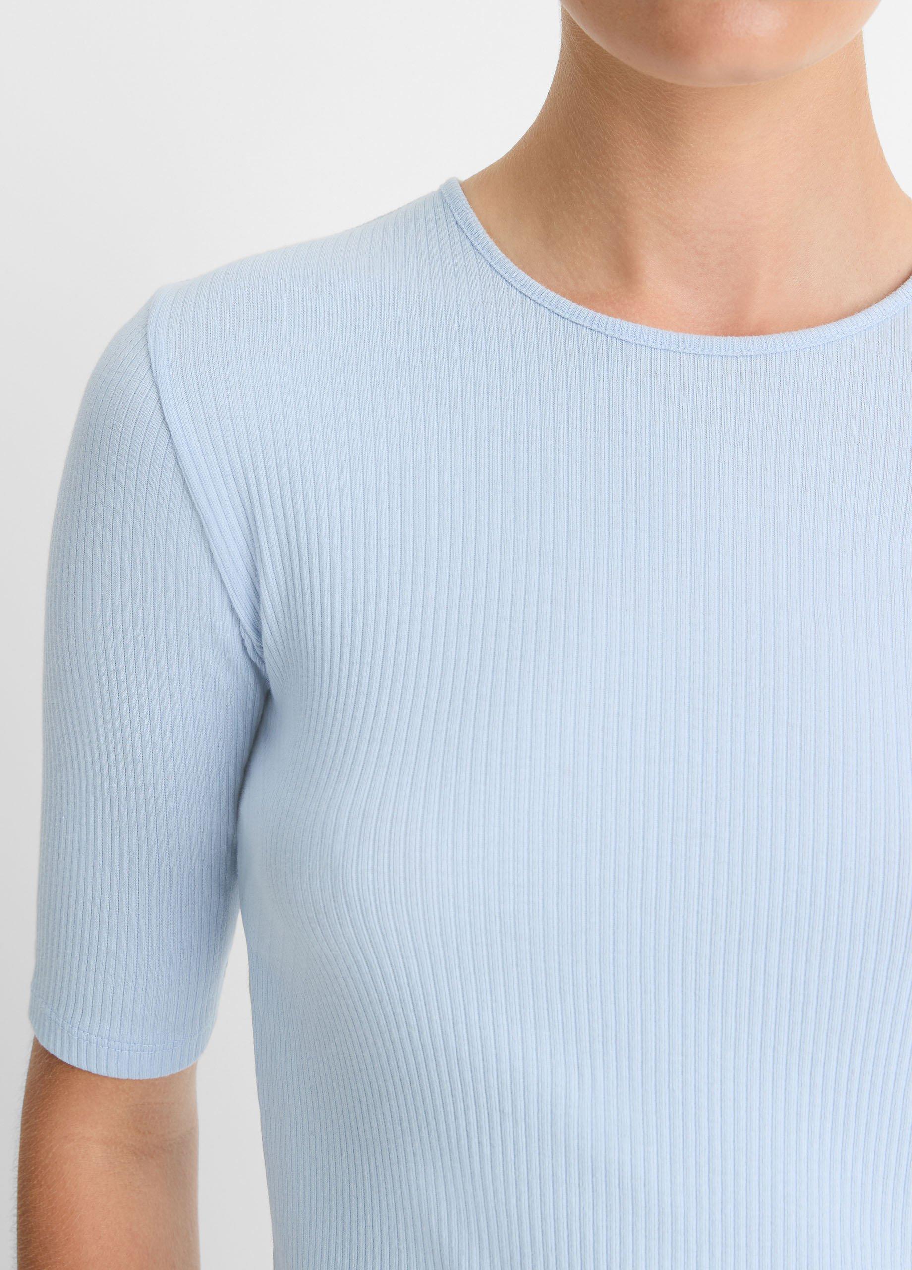 (取寄) ヴィンス レディース リブド エルボー スリーブ クルー ティー Vince women Ribbed Elbow Sleeve Crew Tee Porcelain Blue Vince Womens Rib Elbow SLV Cropped Top Blouse, Coastal Blue