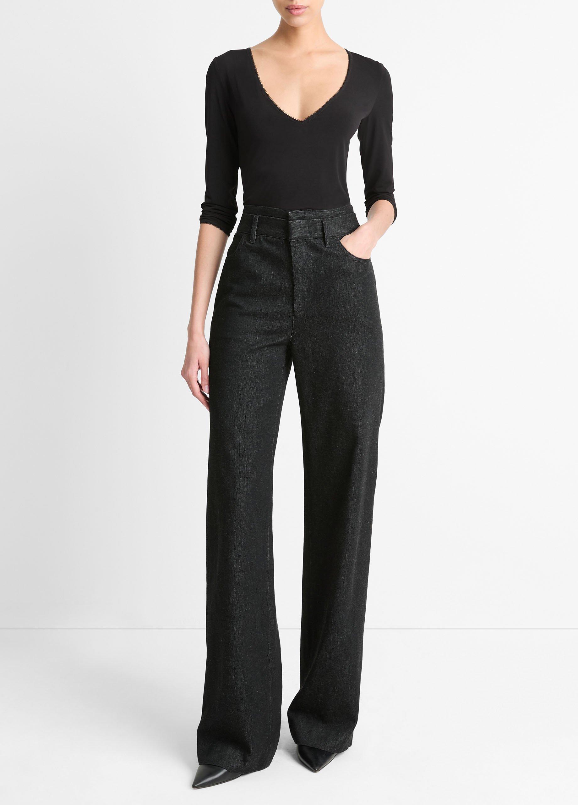 Women's Lingerie-Trim Three-quarter-Sleeve Top, Black, Size XL Vince