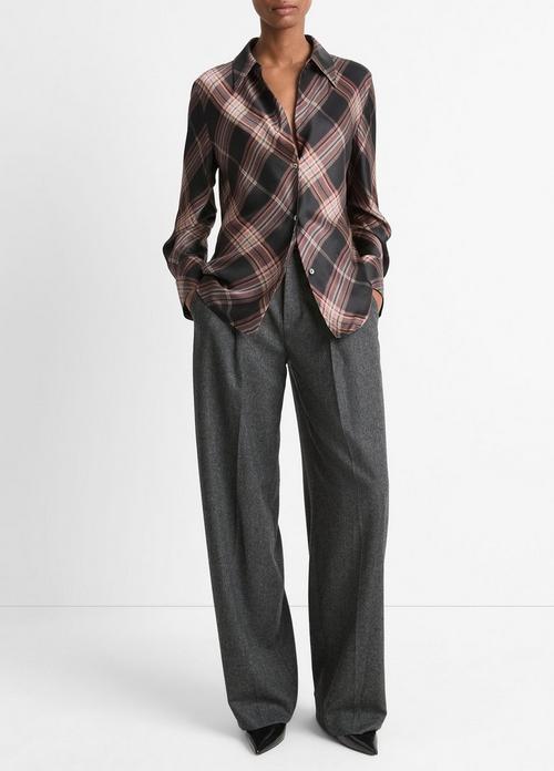 Silk Plaid Bias Long-Sleeve Blouse