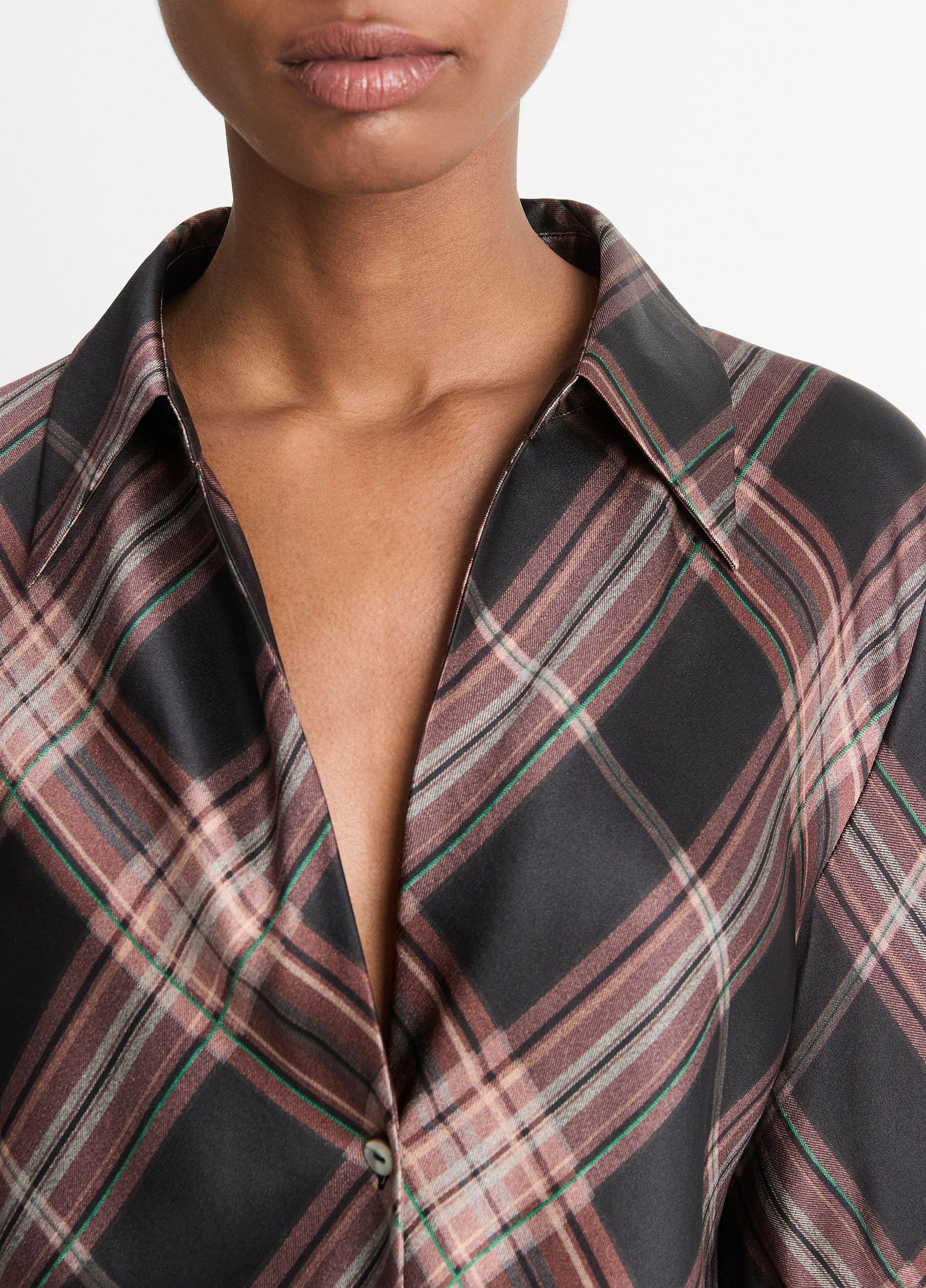 Vince Shadow Plaid Silk Georgette V Neck Blouse store Large