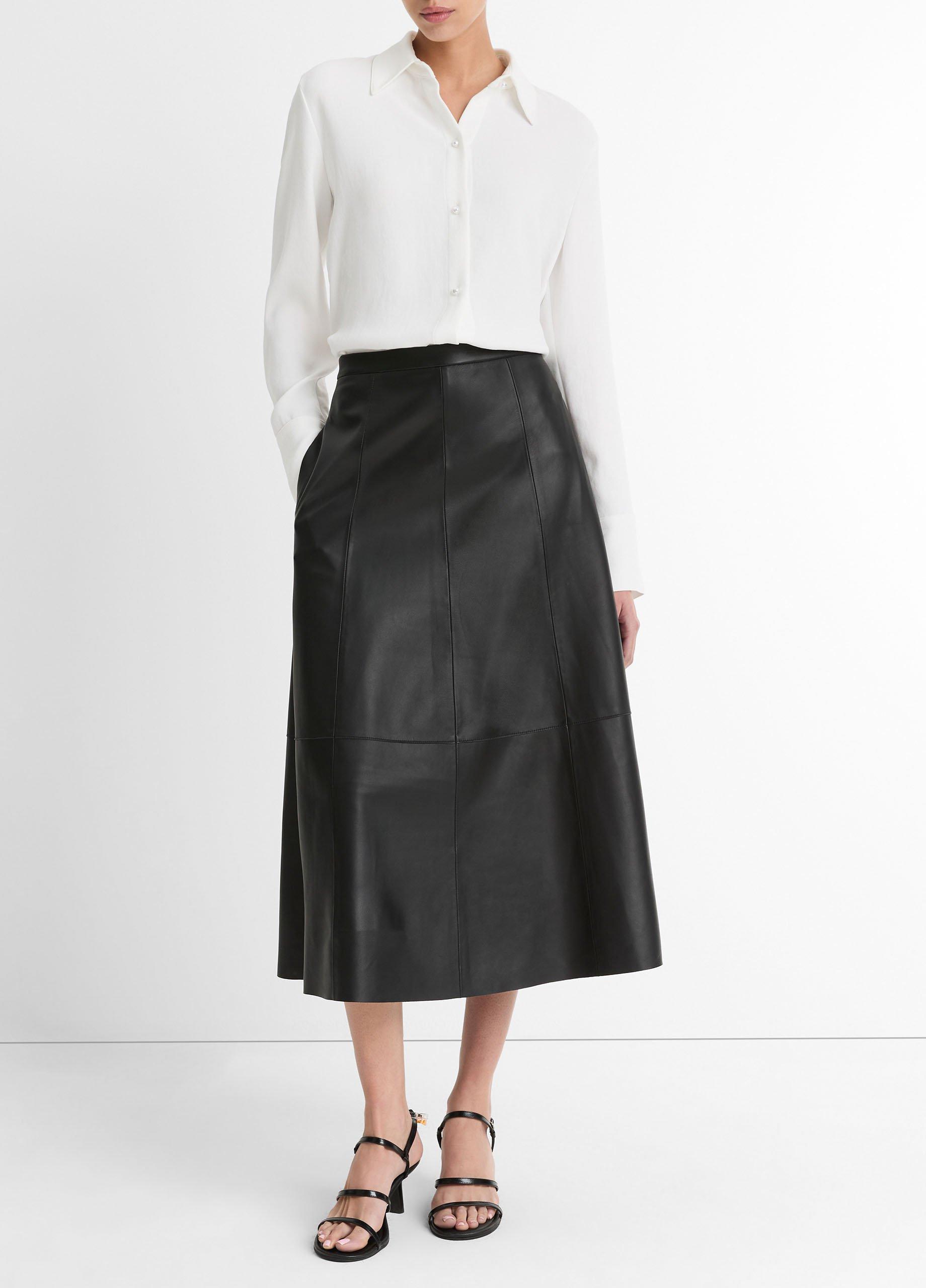 Women's Mid-Rise Flared Leather Skirt, Black, Size 2 Vince