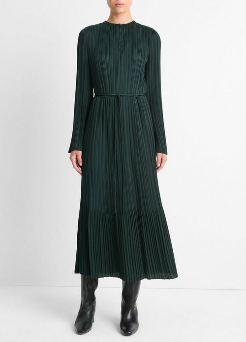 Pleated Satin Long-Sleeve Dress