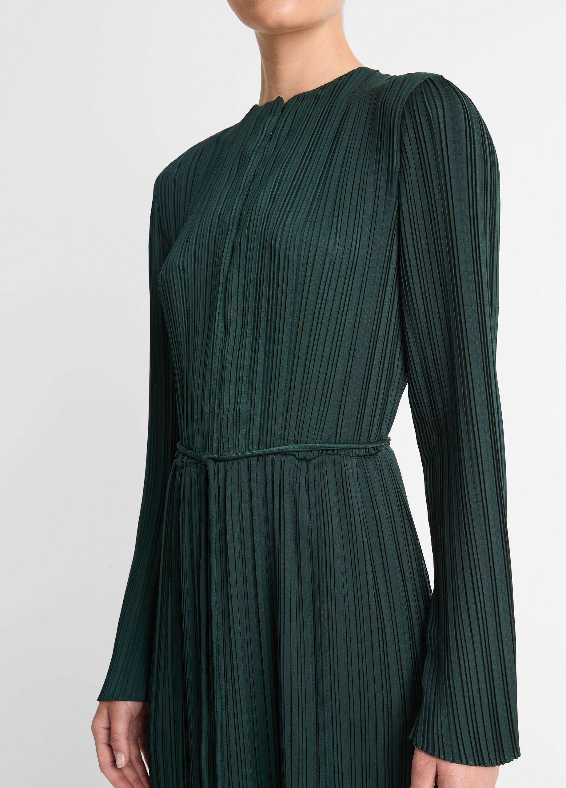 Pleated Satin Long-Sleeve Dress in Dresses & Skirts | Vince
