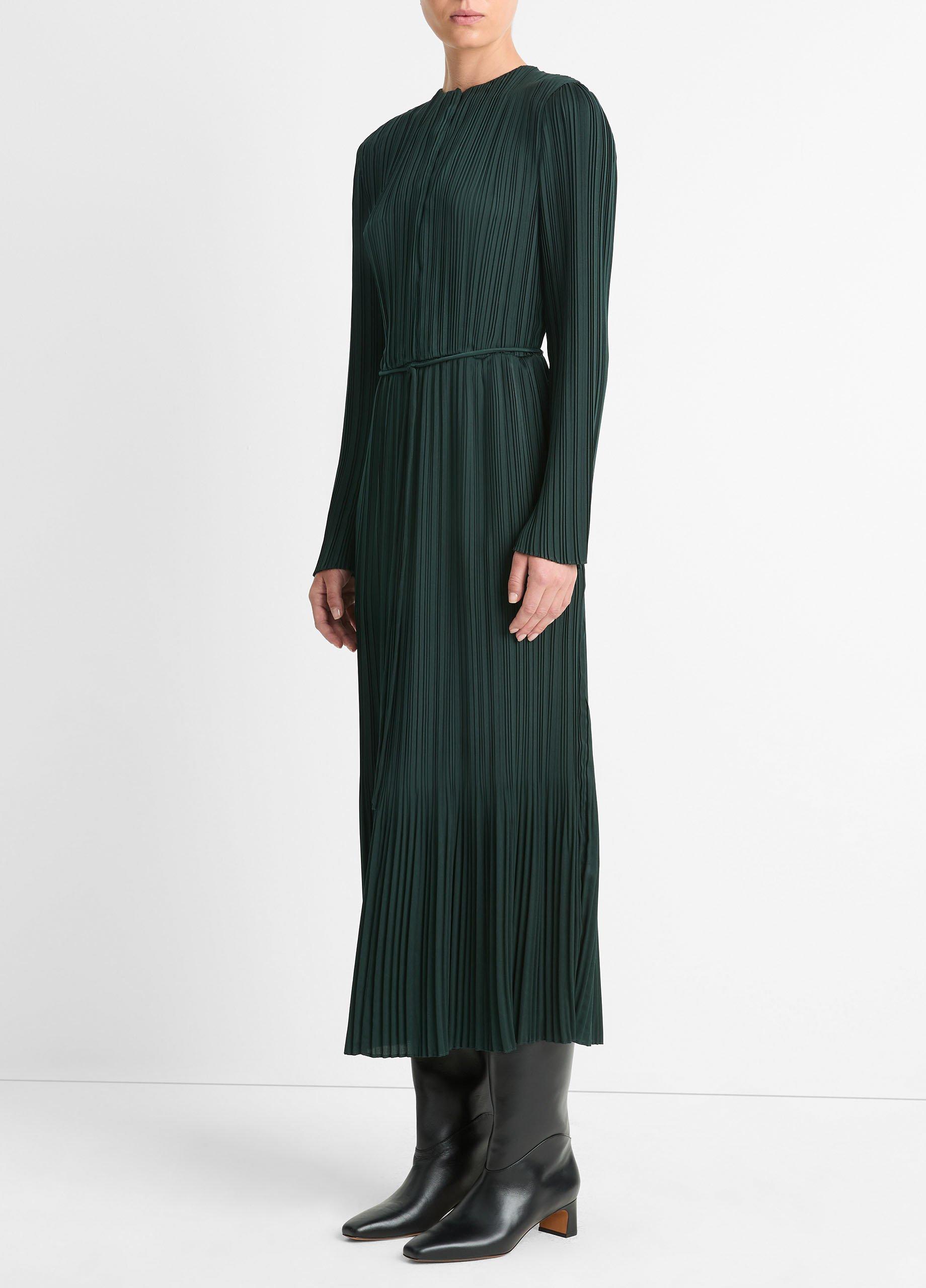 Pleated Satin Long-Sleeve Dress image number 2
