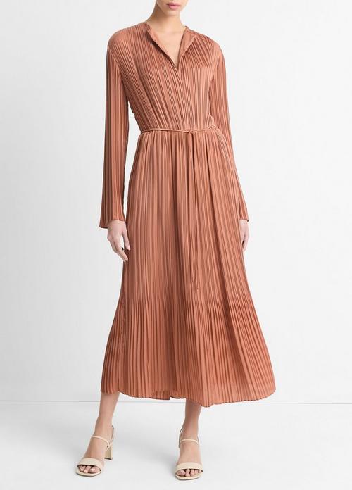 Pleated Satin Long-Sleeve Dress