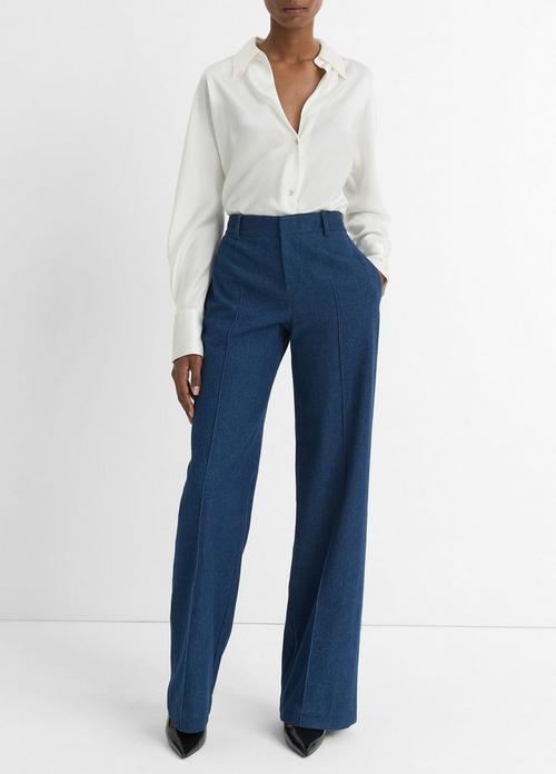 Pintuck Italian Cotton Mid-Rise Wide-Leg Trouser