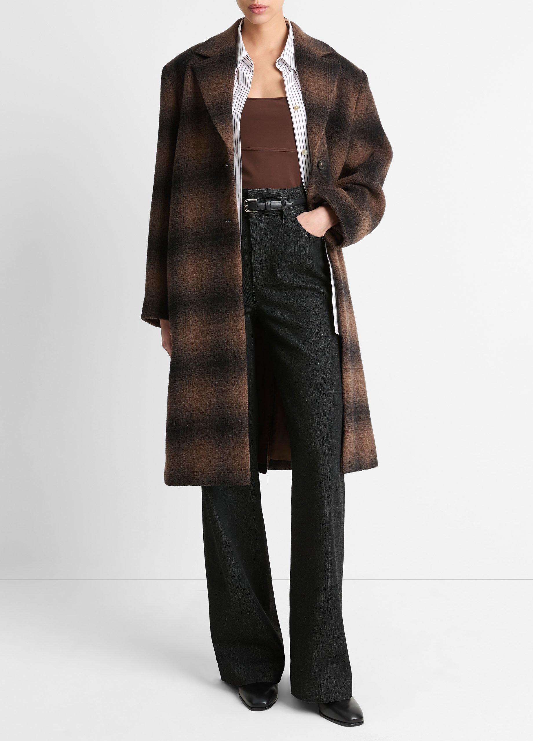 Women's Shadow Plaid Italian Wool-Blend Car Coat, Deep Walnut, Size XS Vince