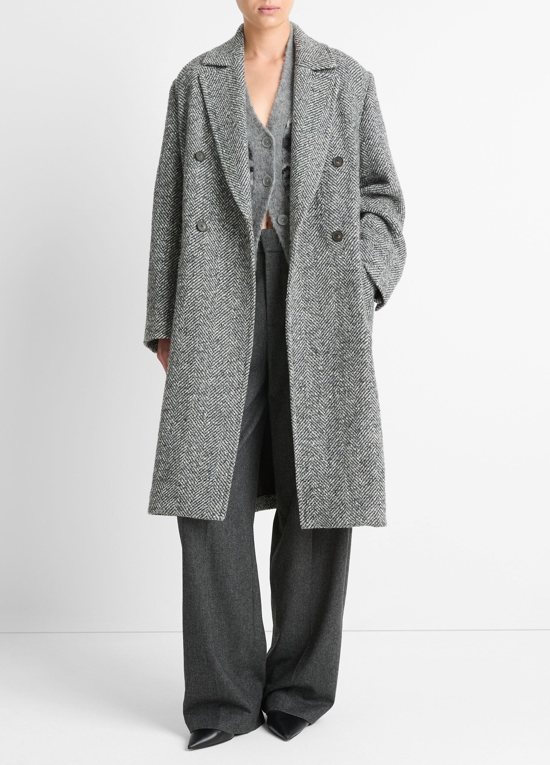 Women's Italian Herringbone Wool-Blend Double-Breasted Coat, Charcoal, Size S Vince